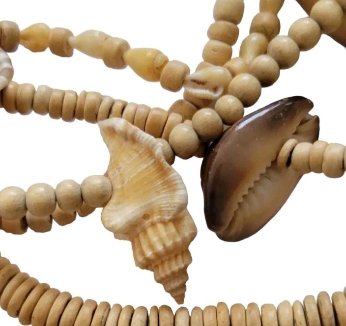 Sea Shell & Hand Carved Wood Bead Multi 7 Strand Necklace Unique Ocean Jewely
