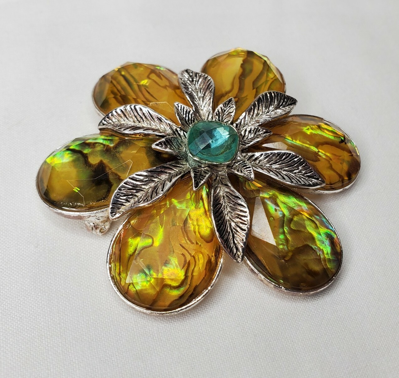 Vintage Monet Flower Brooch Yellow Acrylic Turquoise Faceted Stone Silver Tone