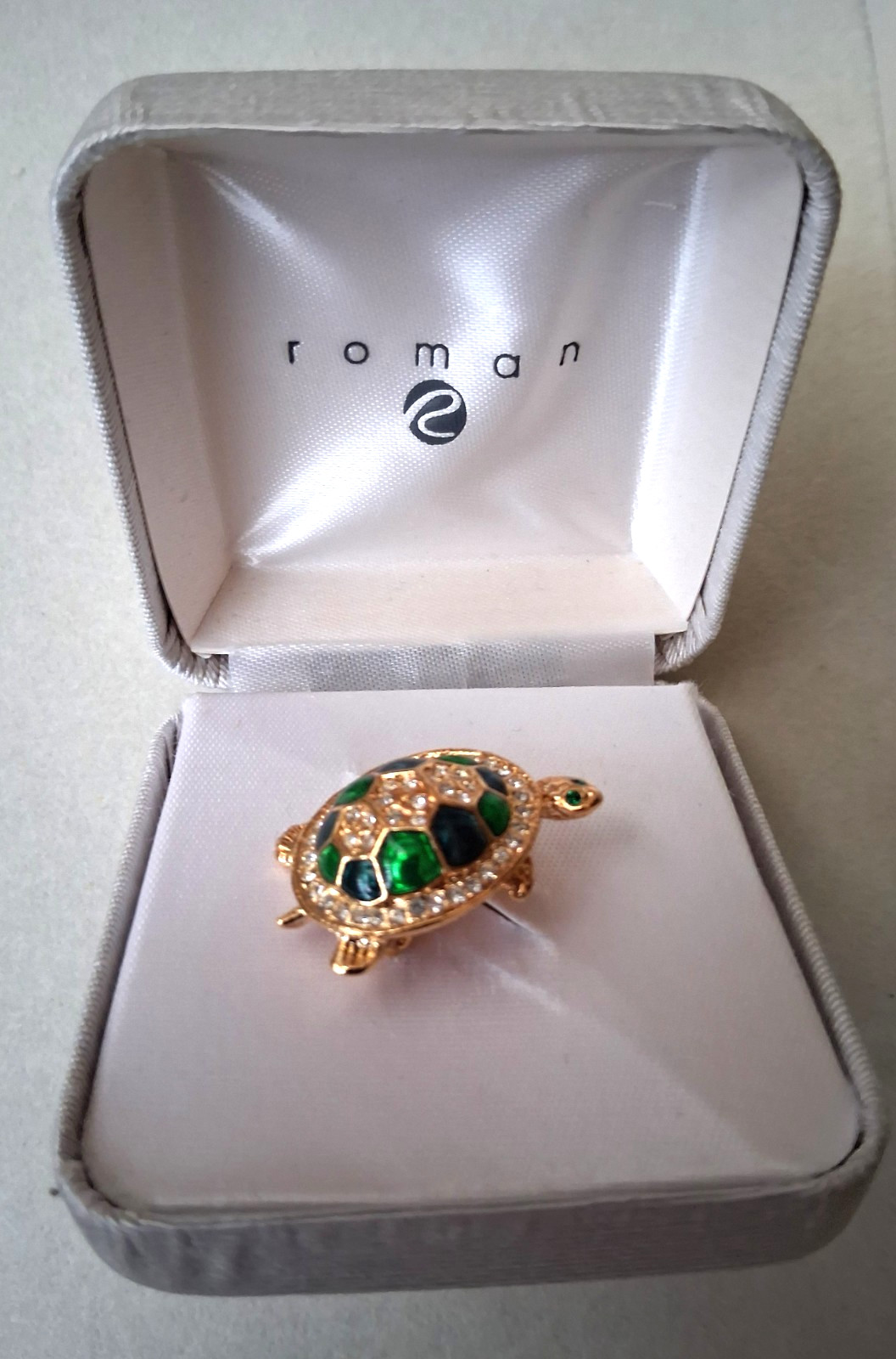 Vintage Turtle Brooch with green & blue enamel, & clear rhinestones (by Roman)