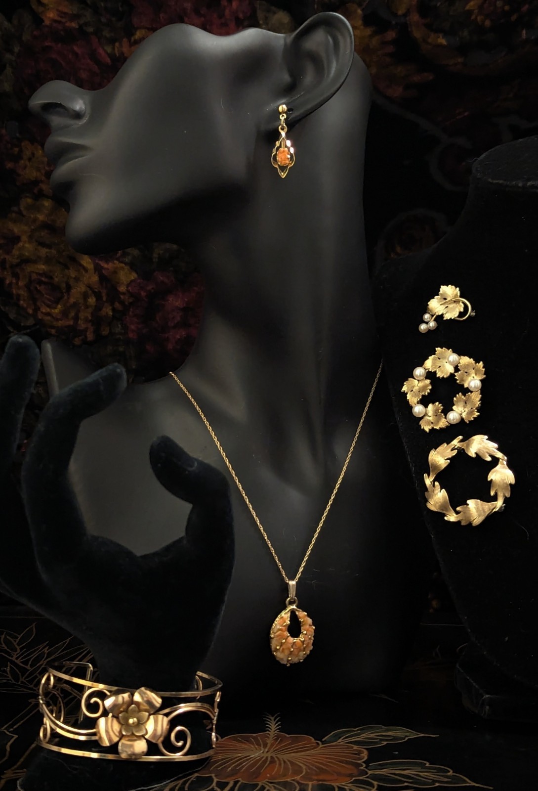 Vintage Krementz Lot Gold Tone -Necklace & Earring Set, Bracelet, Three Brooches