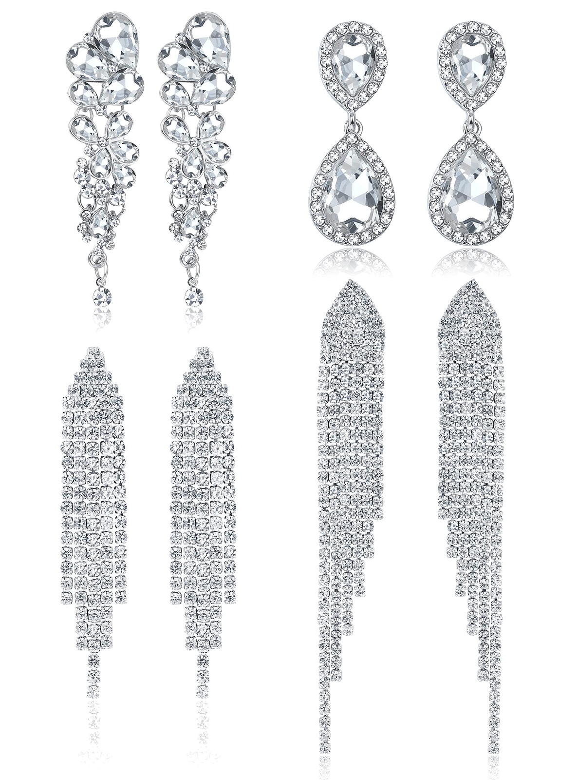 4 Pairs Silver Clip on Earrings for Women, Sparkly Rhinestone Tassel Chandeli…