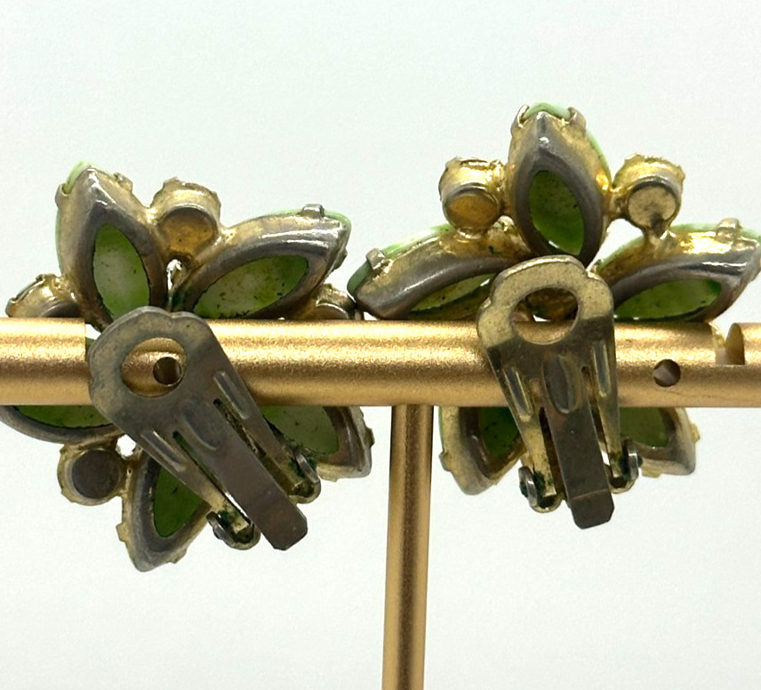 Vintage Green Striped Navette Glass Rhinestone Clip On Earrings Floral Cluster