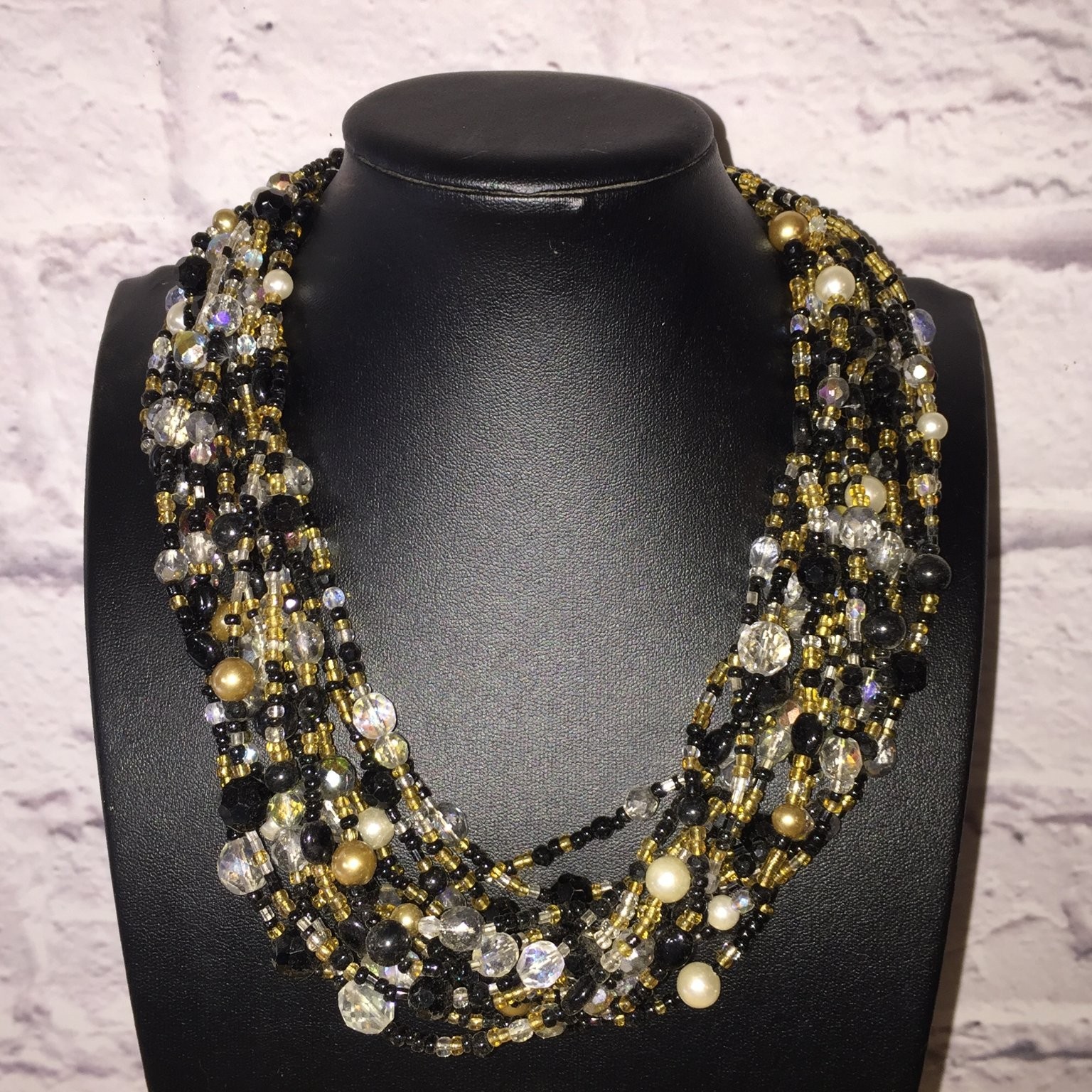Vintage Multi-Strand Beaded Statement Necklace Gold Tone Acrylic Glass Faux