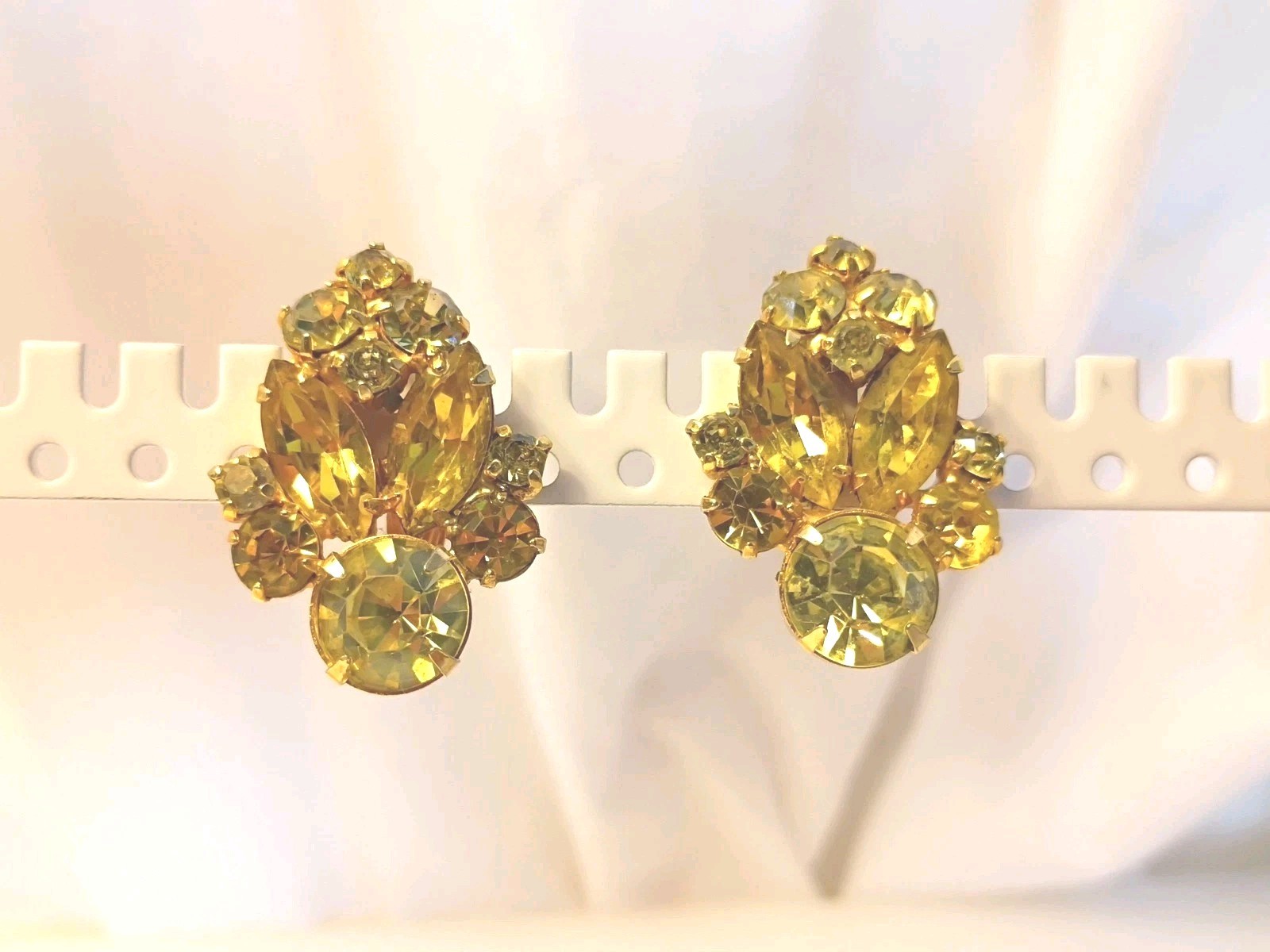 La Roco Rhinestone Vintage Clip Earrings Yellow w Gold Filled Metal