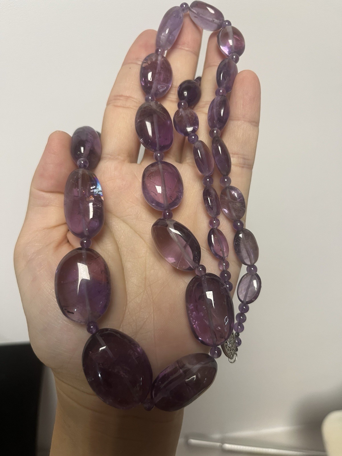 Vintage Large Natural Amethyst Bead Necklace 29″ 152g Sterling Silver Clasp