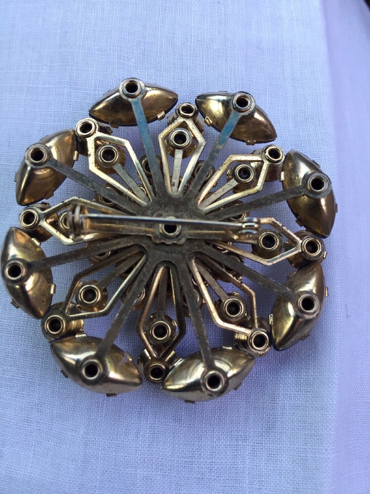 Vtg 60s pin rhinestone Red Purple Iridescent GoldTone Marquis Round Stones 2”