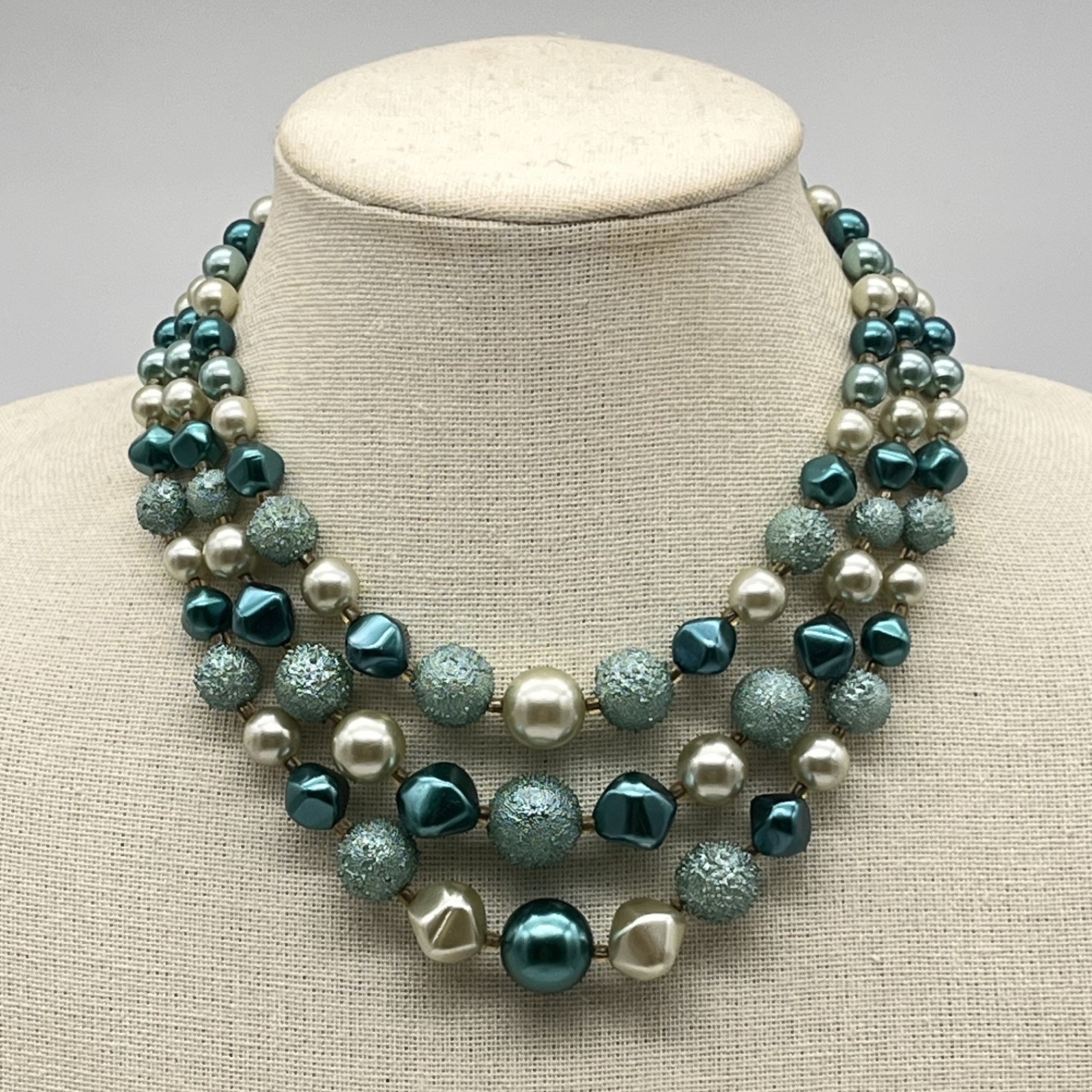 Vintage Green Plastic Jewelry Set Green Beads Triple Strand Necklace Earrings