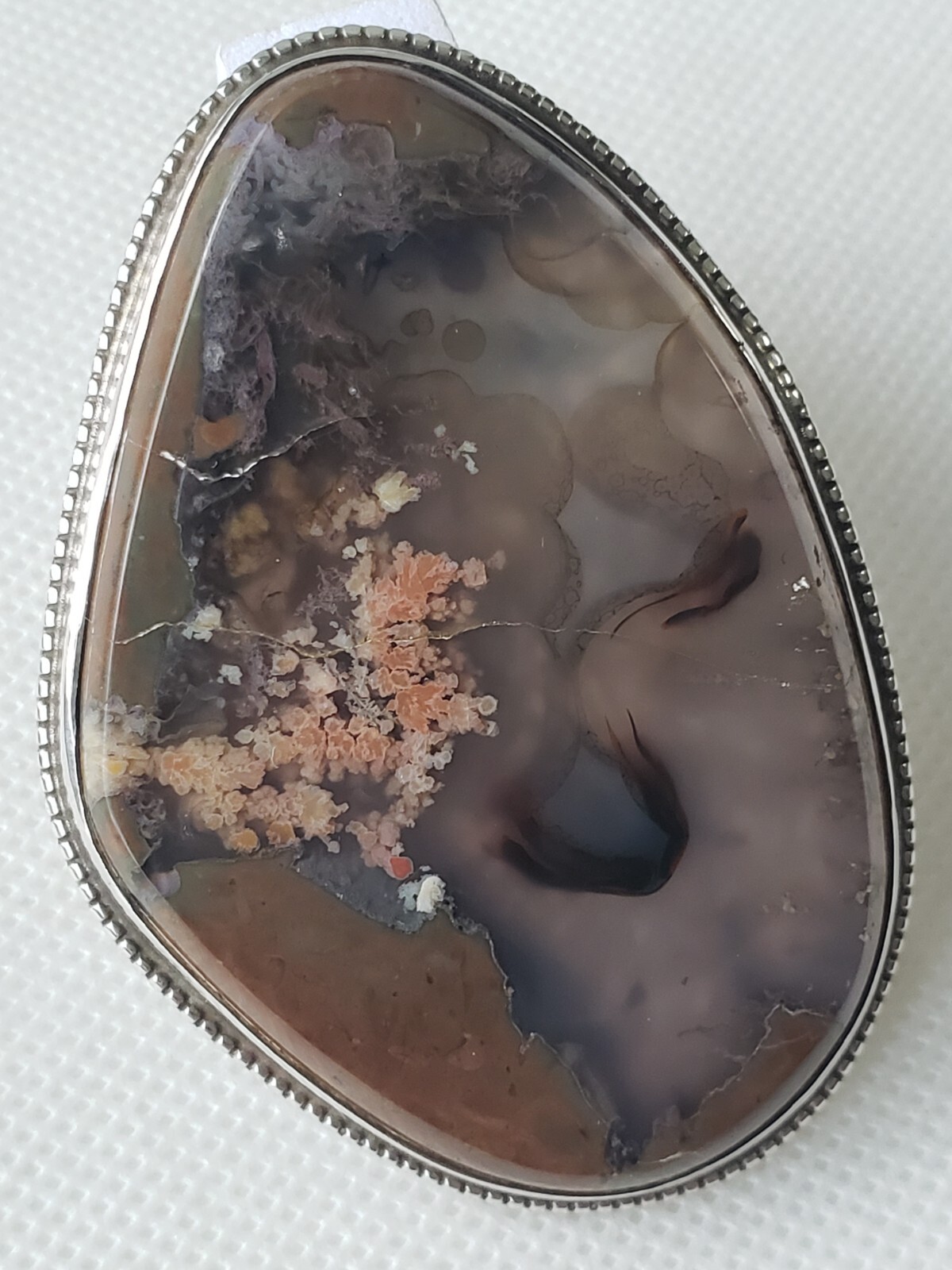 Large Vintage Sterling Silver Solid Moss Agate Brooch Pin or Pendant- 50.1 Grams