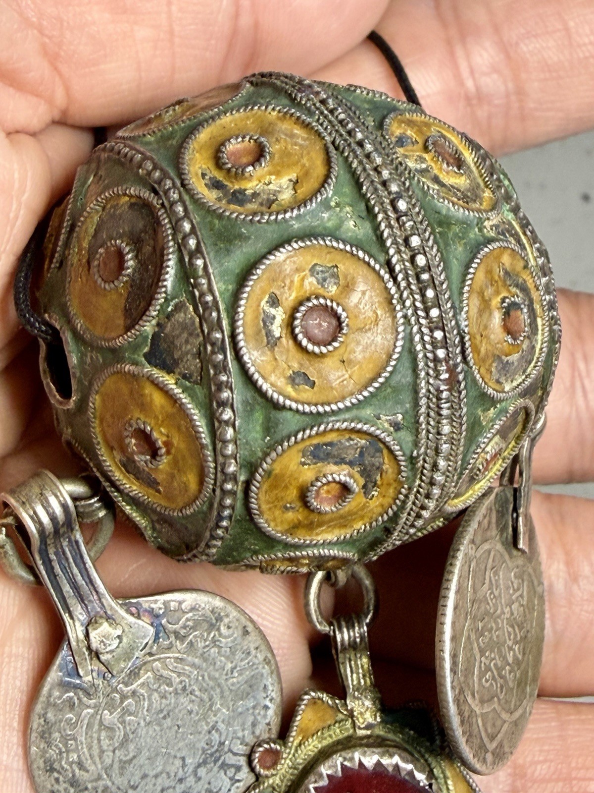 Antique Moroccan Enamel Silver Ball Pendent Necklace Coin Pendants Hand Crafted