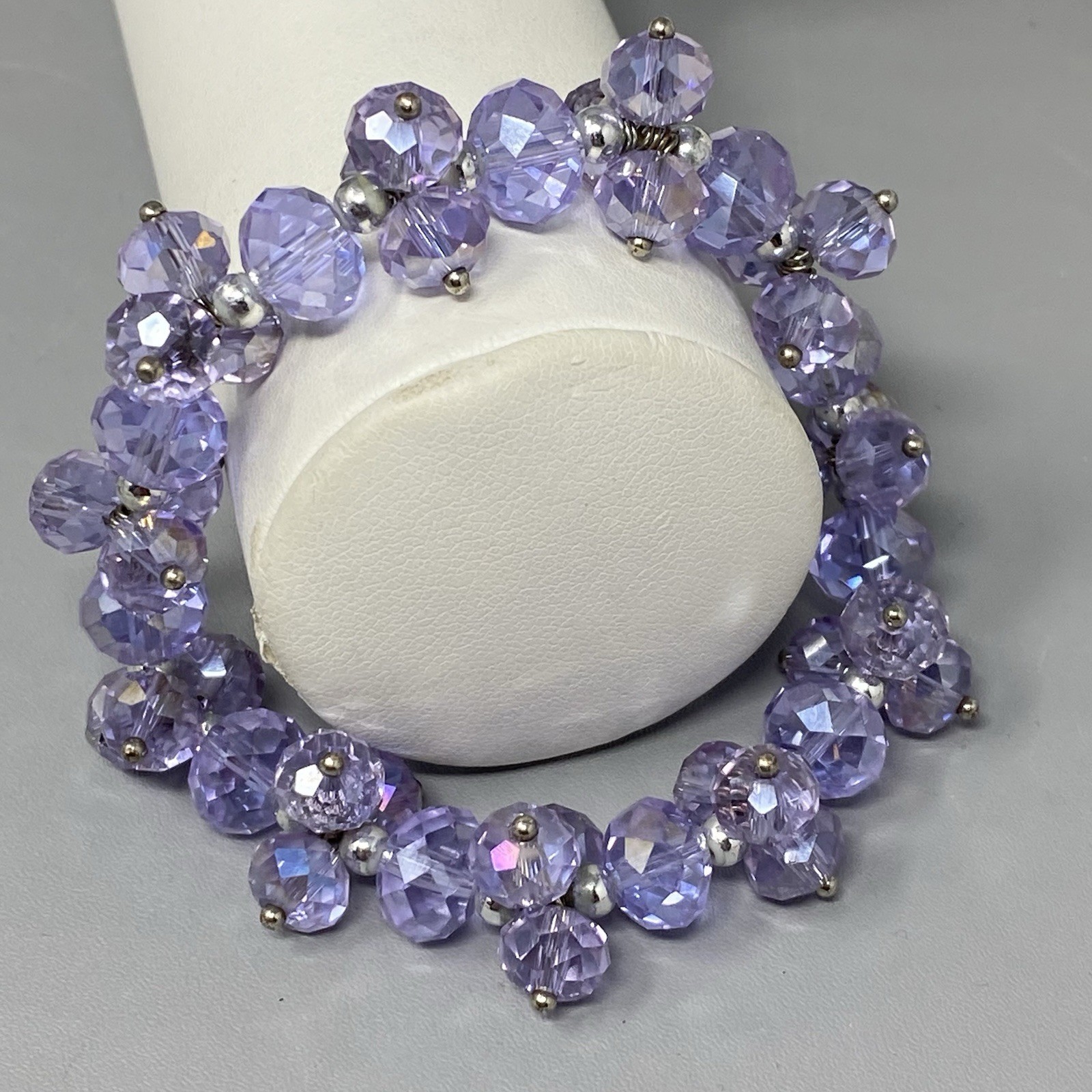 Purple Glass Bead Cluster Bracelet Stretch Fire Polished AB Coated Retro 6.75″