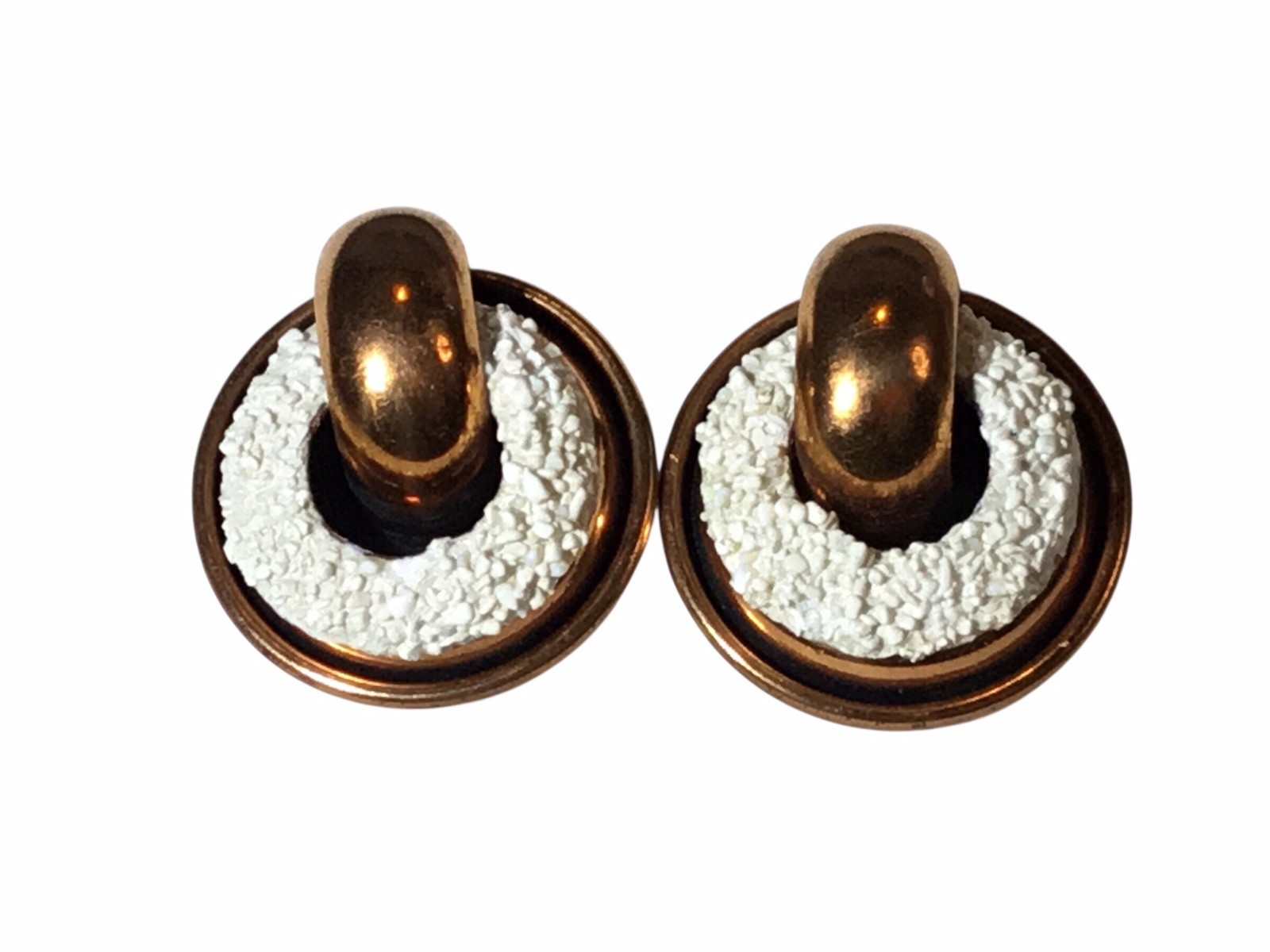 MATISSE Signed Copper Finish Vintage Clip On Earrings White Enamel Open Circle