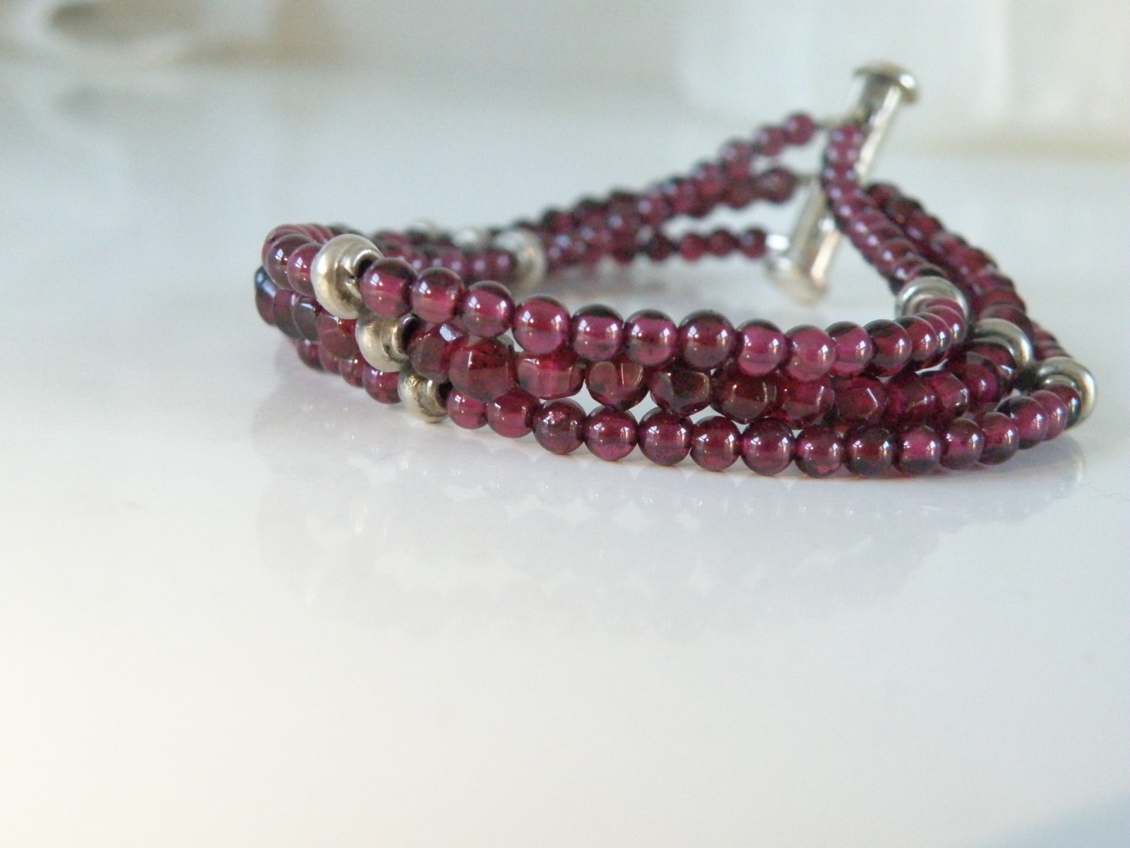 Vintage Sterling Silver 925 Bohomian Pink Red Garnet Station Bracelet 7.5″