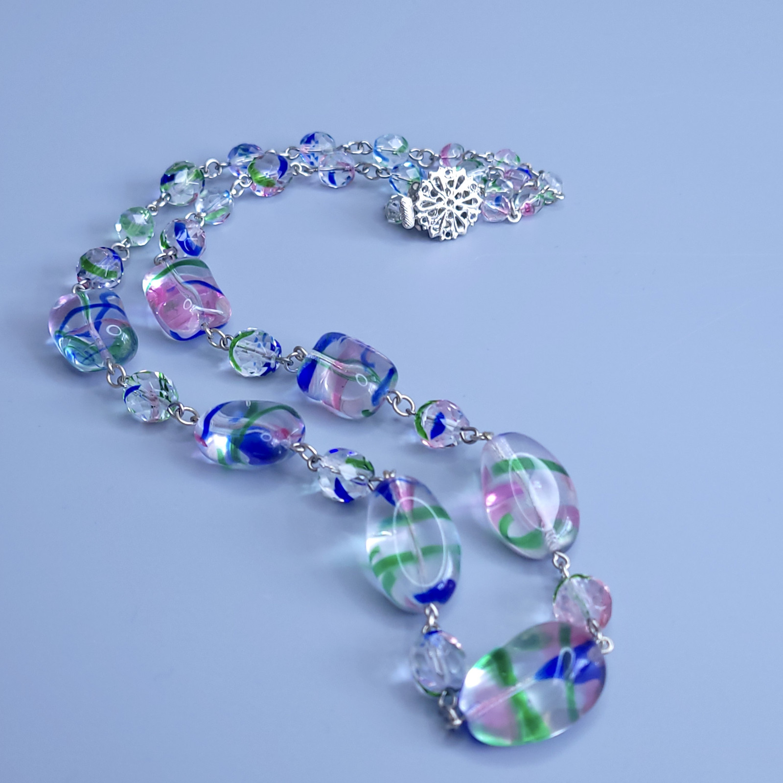 Iris Glass Necklace 24” Multicolor Czech Vintage Beads Women`s Jewelry