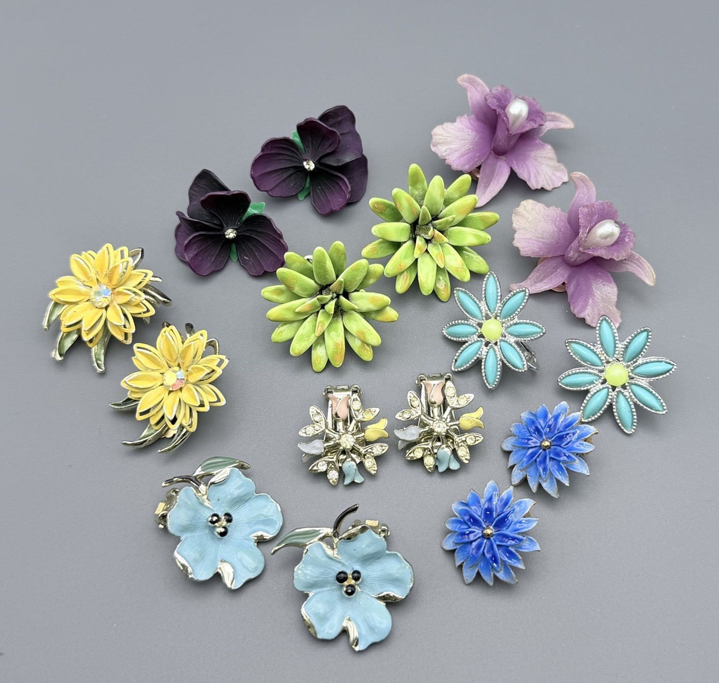 Vintage Flower Clip On Earrings Floral Lot Of 8 Orchid Pansies Tulip Multi Color