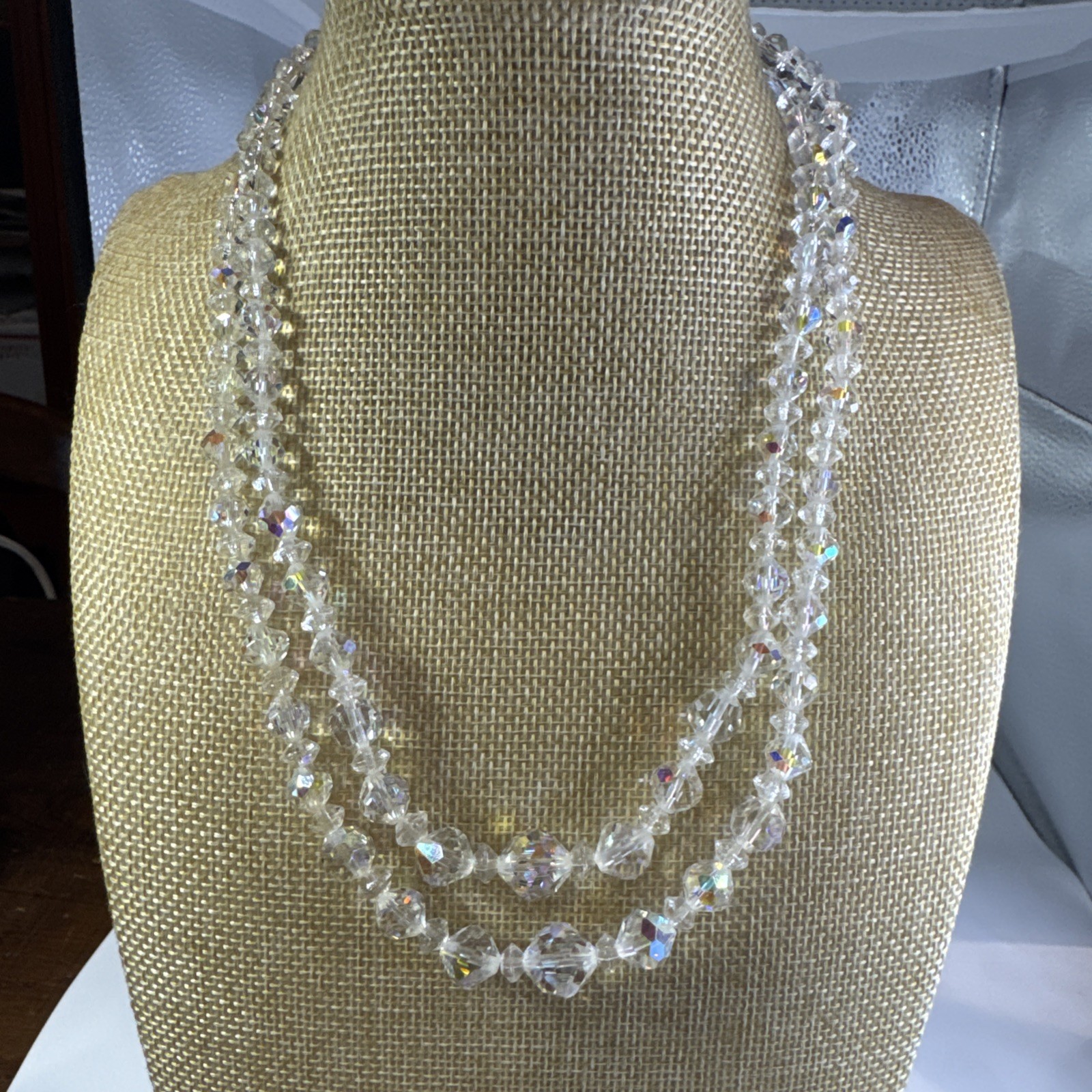 Vintage Aurora borealis clear glass￼Crystal Double Strand Necklace 16-18”