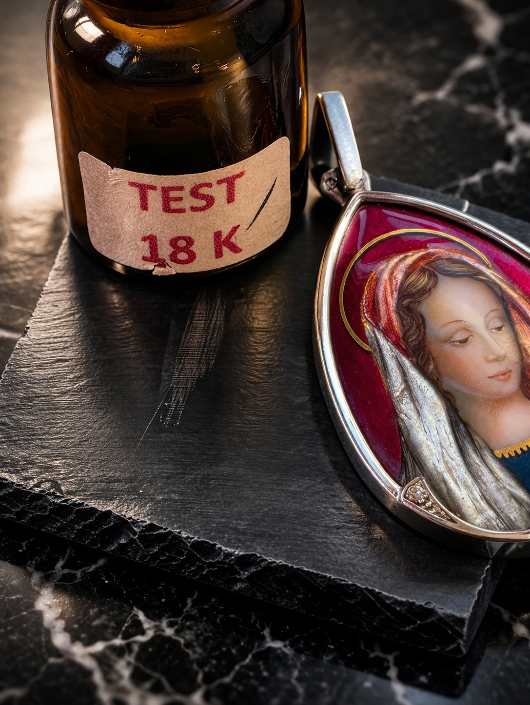 Fine Antique Art Nouvea 18K 18CT Gold Enamel Virgen Mary Medal Pendant Ca XIX
