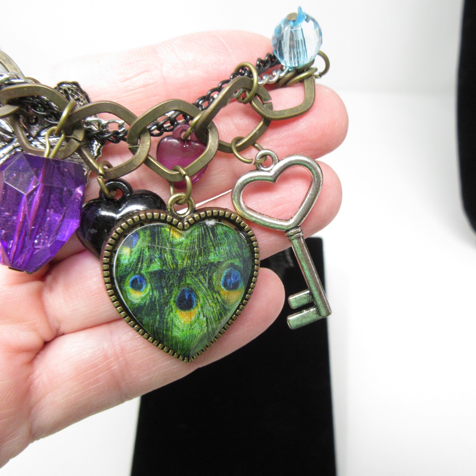 Tutti Frutti Peacock Beaded Multi Charm Heart Tassel Stretch Bracelet 7″ inch vt