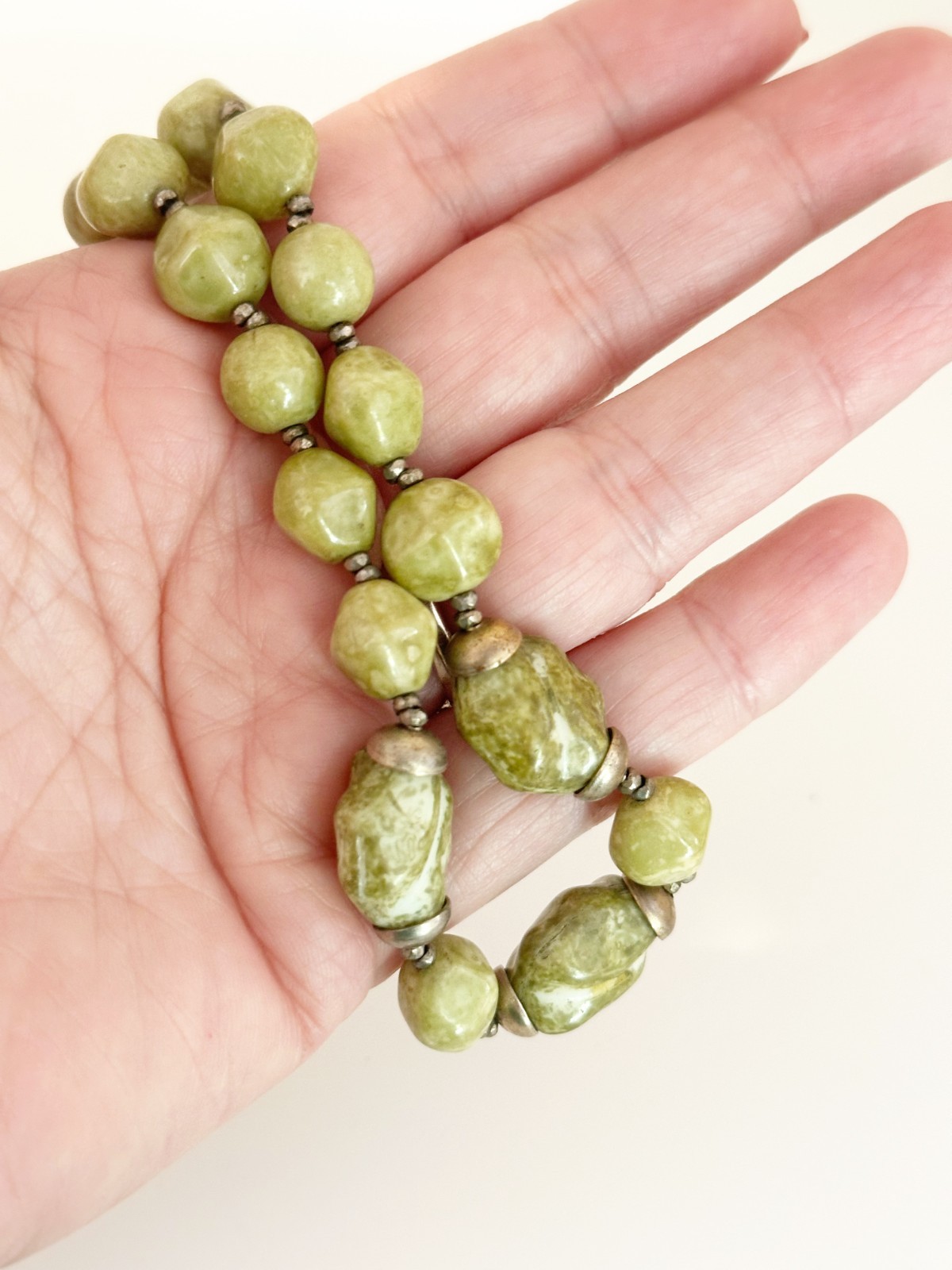 Vintage Signed Miriam Haskell Marbled Green Glass Nugget Bead Statement Necklace