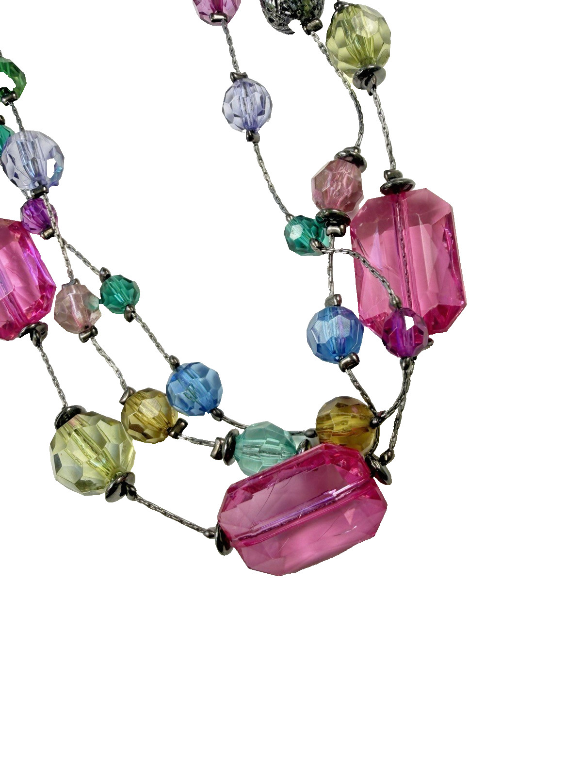 Vintage Colorful Layered Beaded Necklace Pink Acrylic Statement Gunmetal Y2K