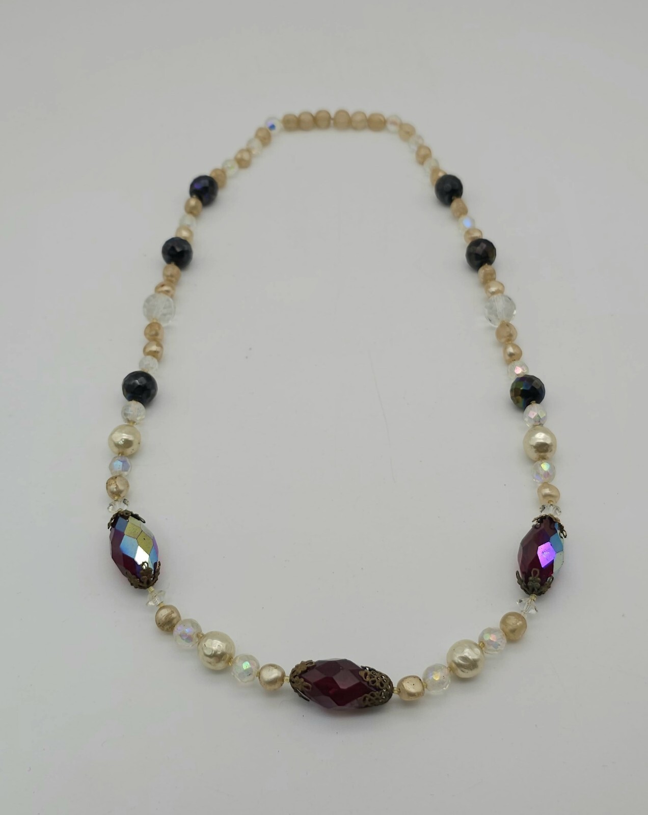 Vintage Faux Pearl Faceted Iridescent Red Clear Beaded Necklace 24-in