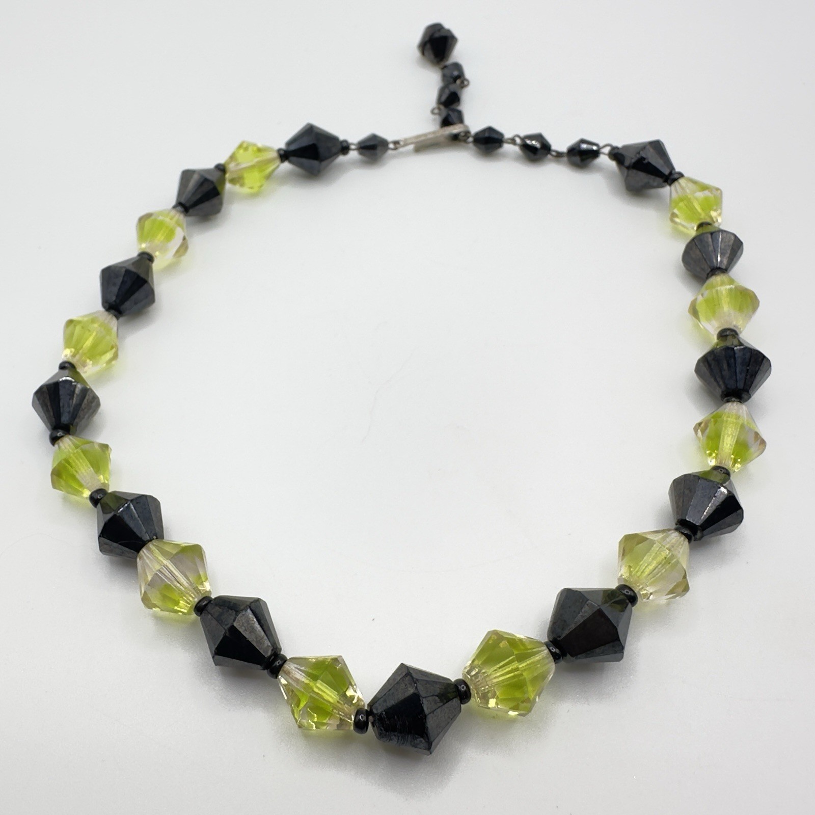 Vintage West Germany Necklace Black & Chartreuse Bicone Glass Bead Choker 15”