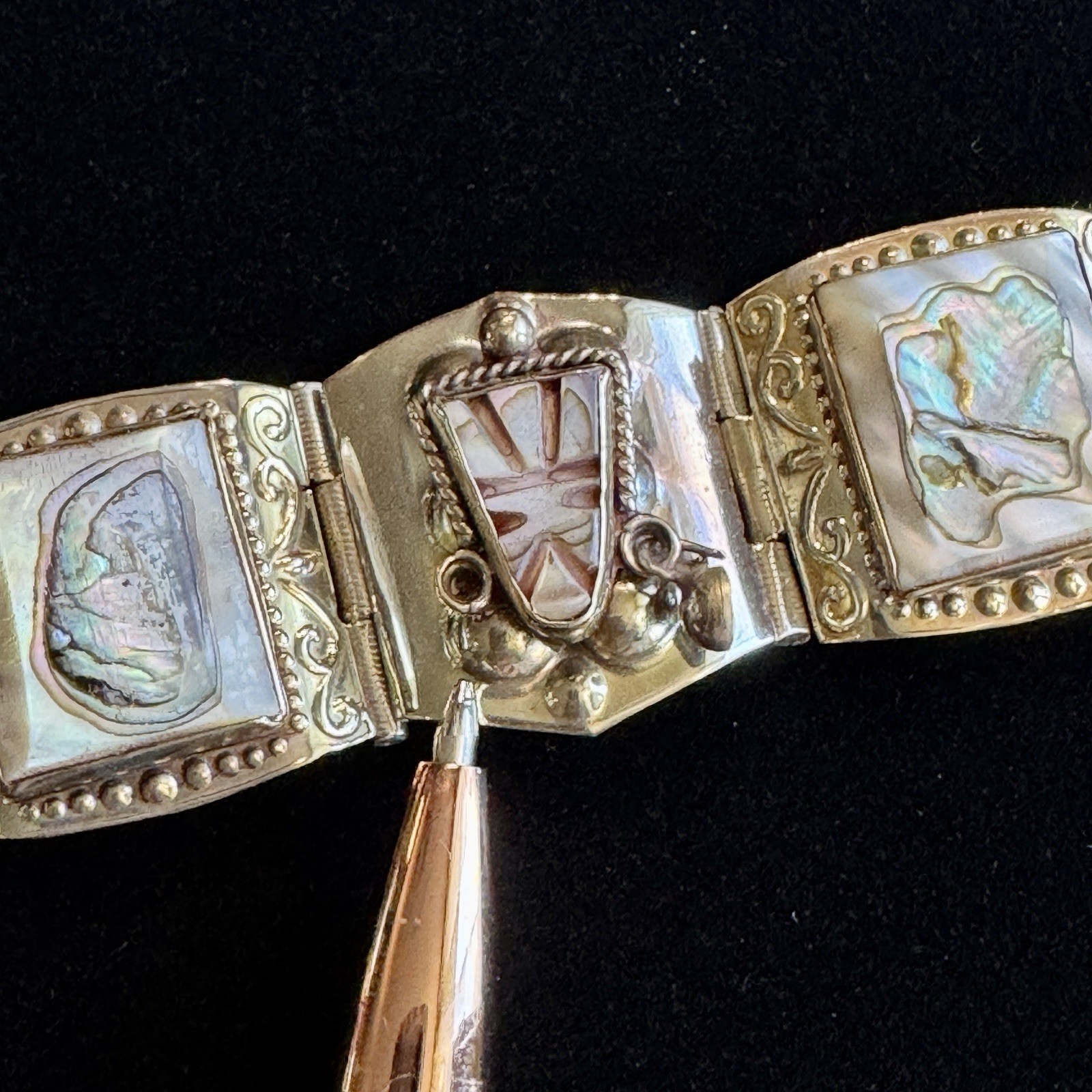 Vintage Mexico JZ Alpaca Silver Abalone Panel Bracelet Tribal Boho 7.25”
