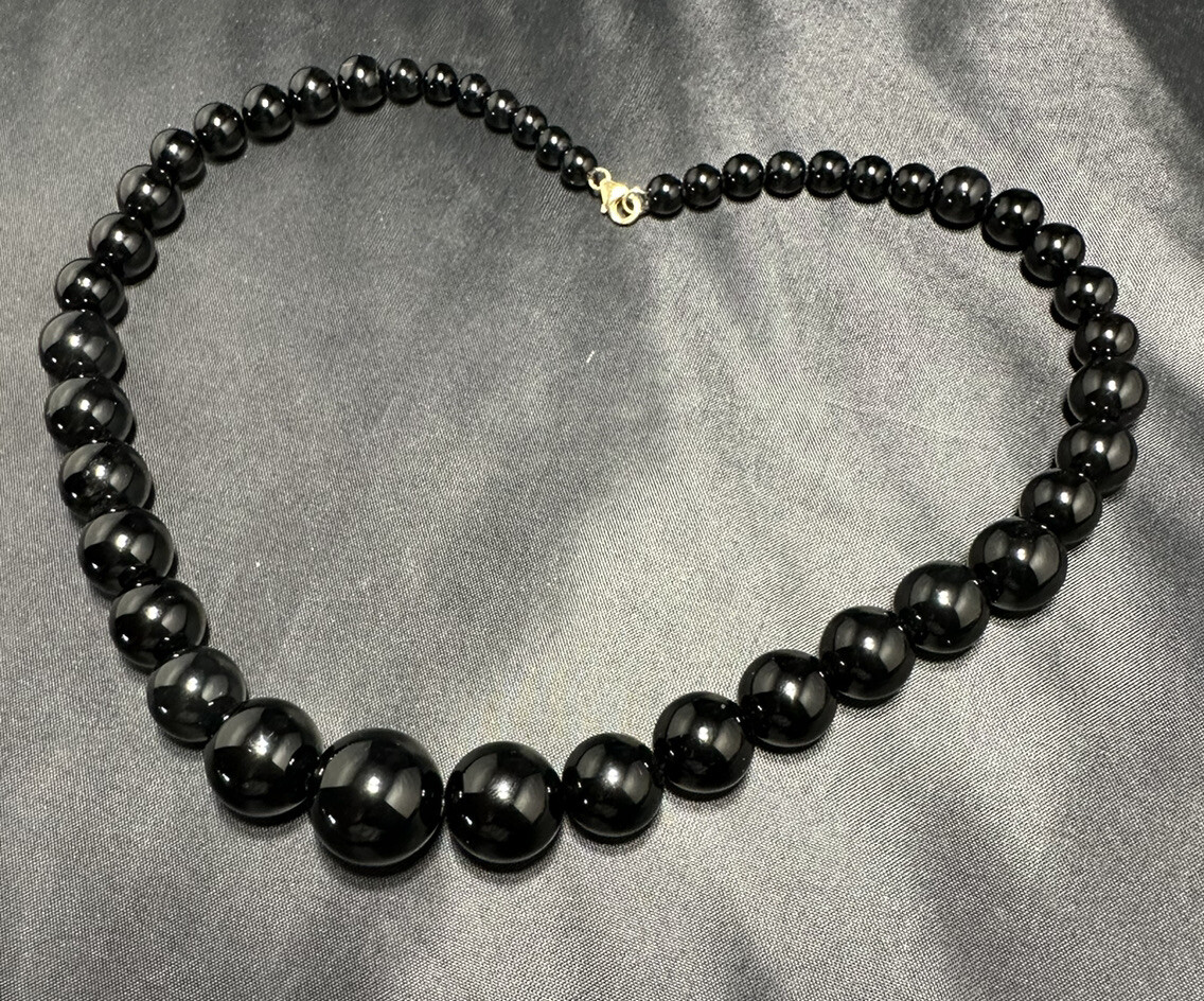 Black Onyx Necklace Knot BEAD ,14k Gold Lobster Claw CLASP Fine Jewelry Vintage