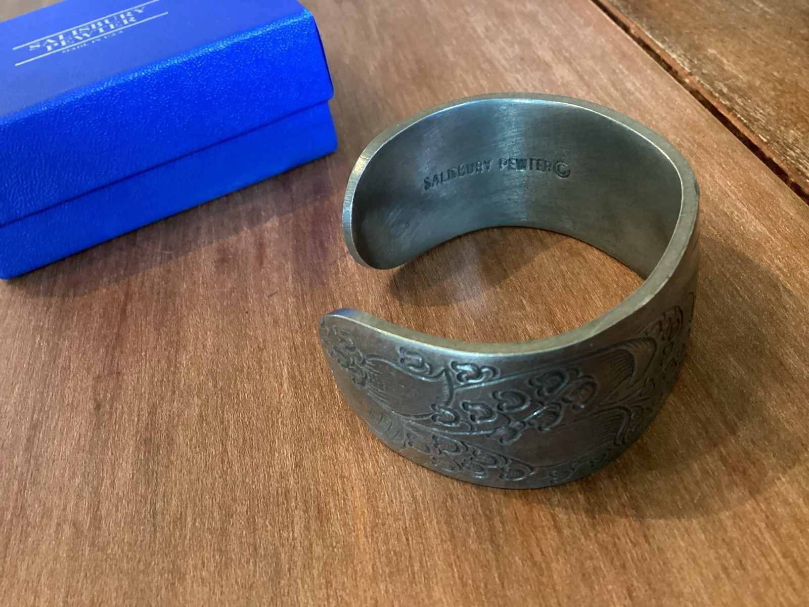 Salisbury Pewter Cuff Bracelet May Birthday Lily of the Valley + Box+Care Inst.
