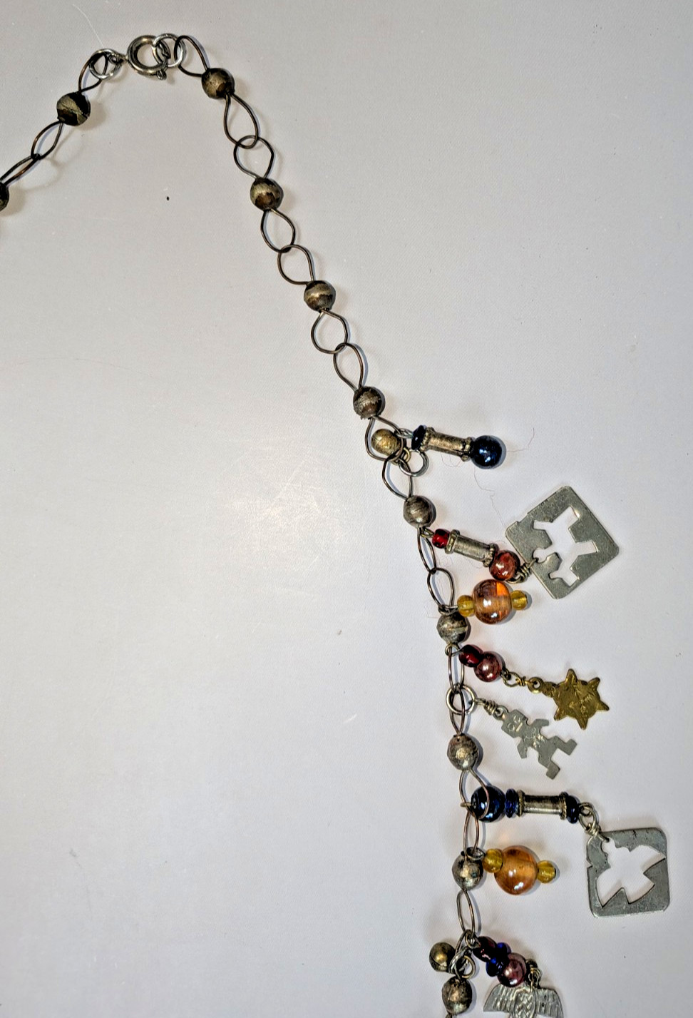 Vintage 70s Milagros Charm Necklace, Brass & Silver w/ Glass Beads, 26.5”