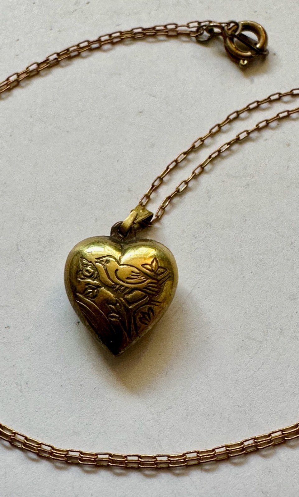 Vintage heart puff brass w Bird both sides Charm pendant 5/8 of 1″ Necklace 18″
