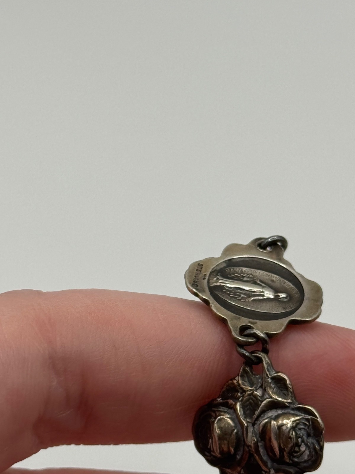 Vintage HVH Sterling Silver Rosary Catholic Saints Rose Panel Link Bracelet