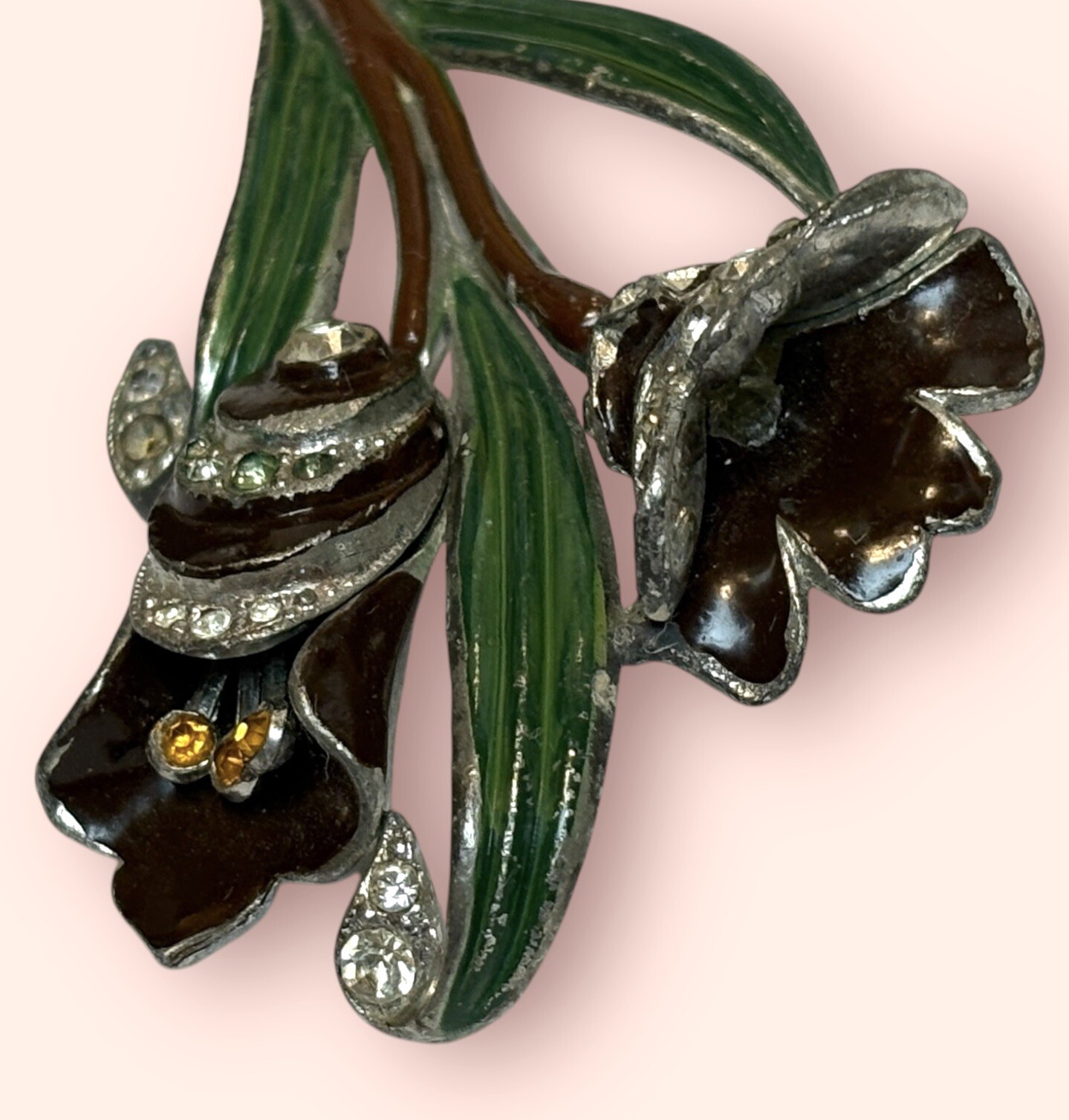 Large Figural Double Flower Brooch Enameled & Rhinestone Vintage Pot Metal
