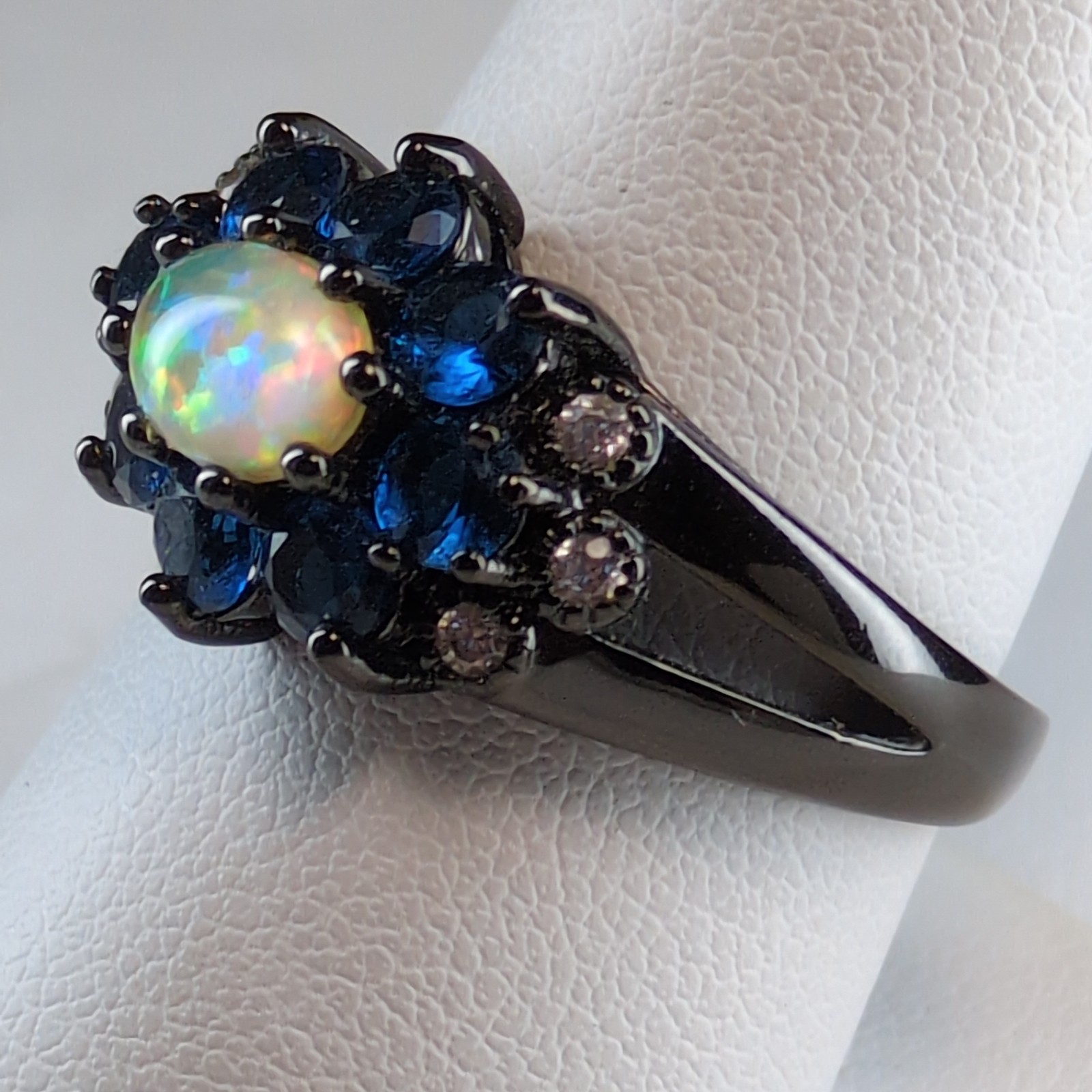 Goth Black Gunsmoke 925Sterling Silver Lab-Created Opal Blue Sapphires CZ Ring