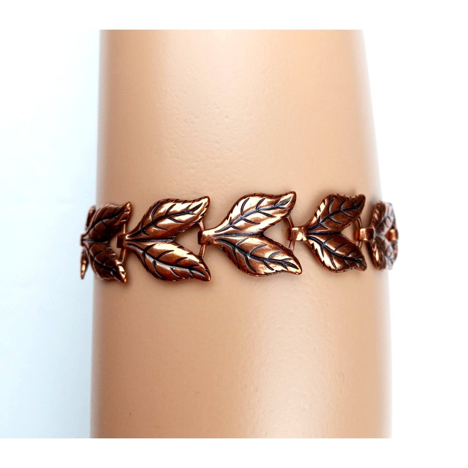 Vintage Bracelet Copper Double Leaf Link Leaves Botanical Fall Vine Sister Clasp