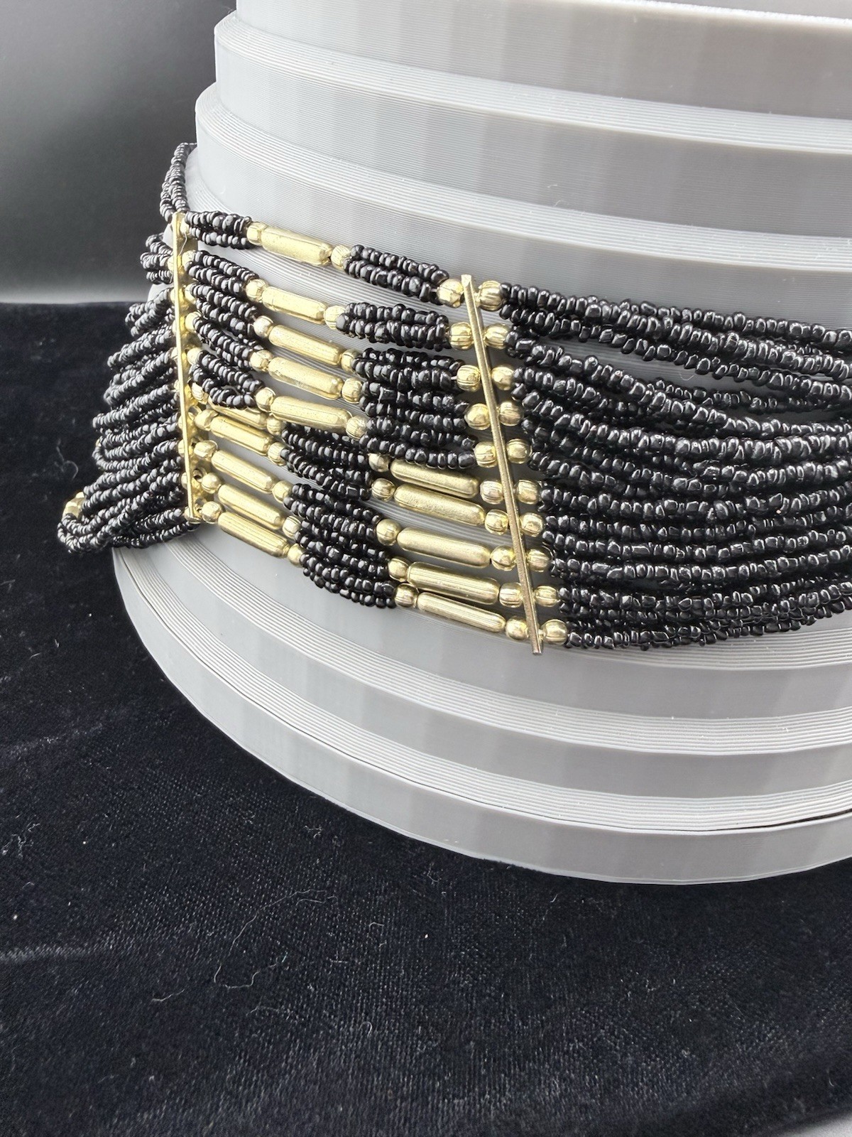 Vintage Black & Gold Multi-Strand Seed Beaded Statement Necklace – Stunning!