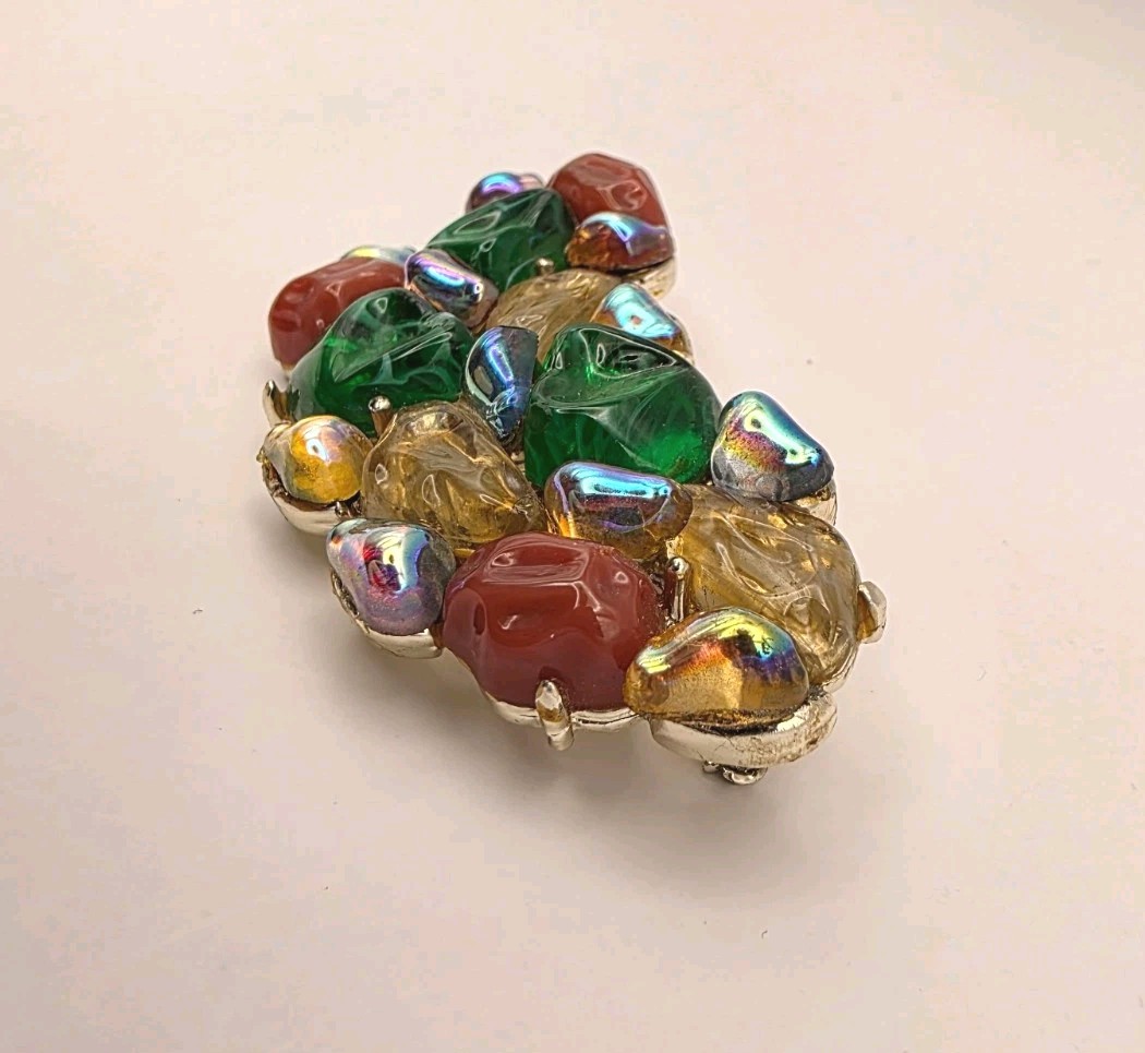 Vintage Hi End Multicolor Poured Marbled Glass Prong Set Silvertone Brooch