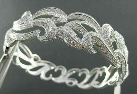 ANTIQUE WIDE 5.48CT DIAMOND 18KT WHITE GOLD BANGLE BRACELET F VS/VVS #G00114