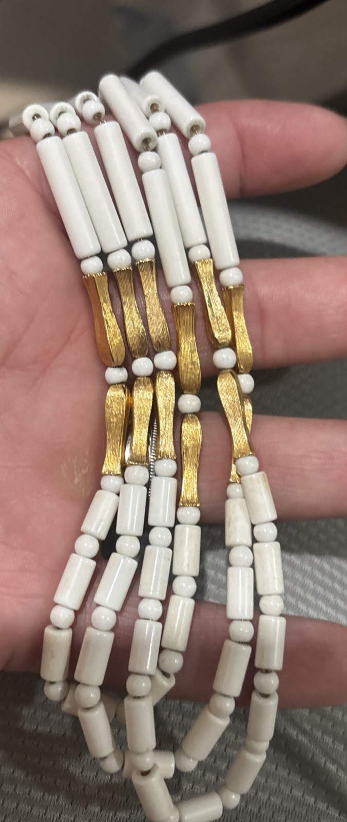 Vintage Gold Tone White Lucite Signed Monet Triple Strand Necklace 15-17”