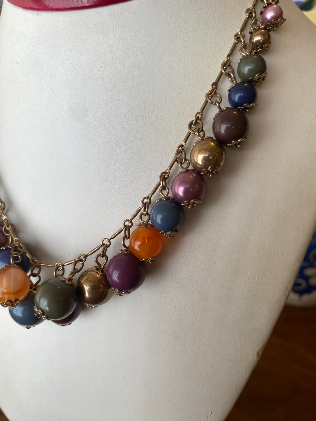 Vintage Colorful Cha-Cha Style Mixed Bead Necklace Gold Plated Bar-Link Chain