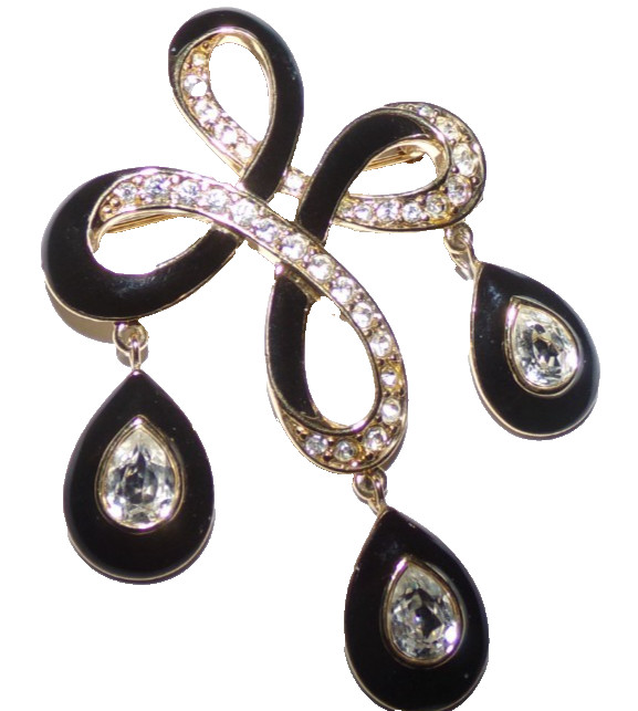 TRIFARI TM signed dangle pin with black enamel & rhinestones-OMG!!