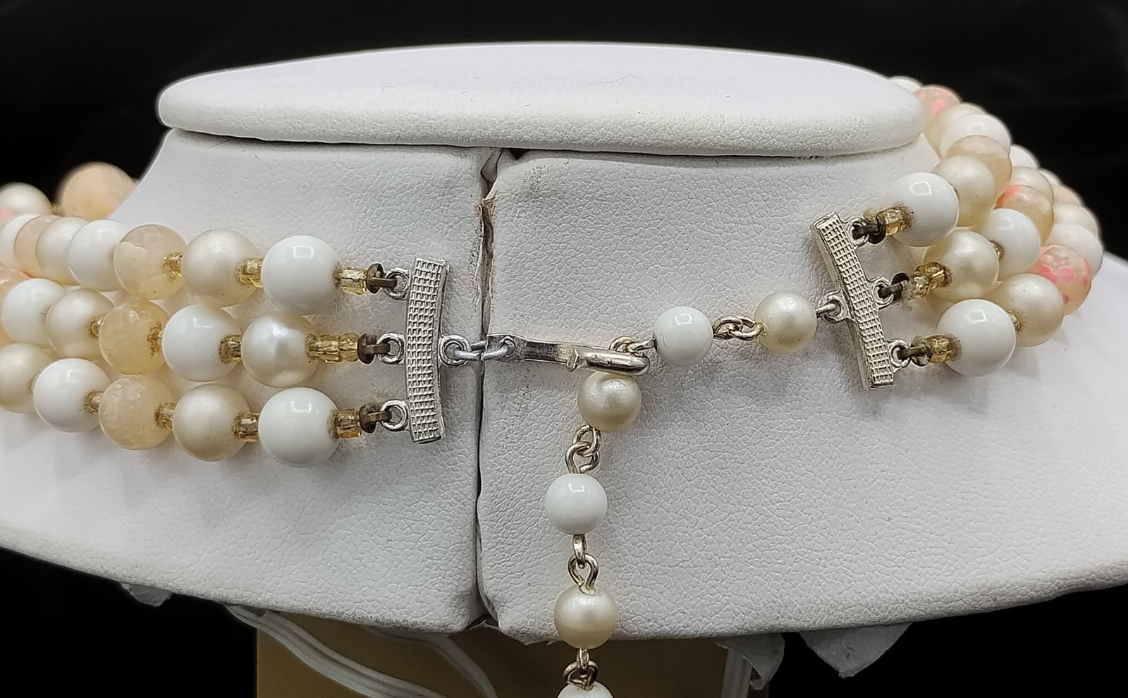 Vtg. Japan Necklace 3 Strand Pink,White Beads Sugar Textured, 16.5-18″FREE SHIP
