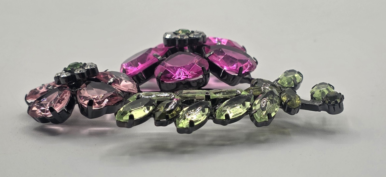 Double Flower Pink And Green Lucite Brooch, Black (Japaned) Colored Metal