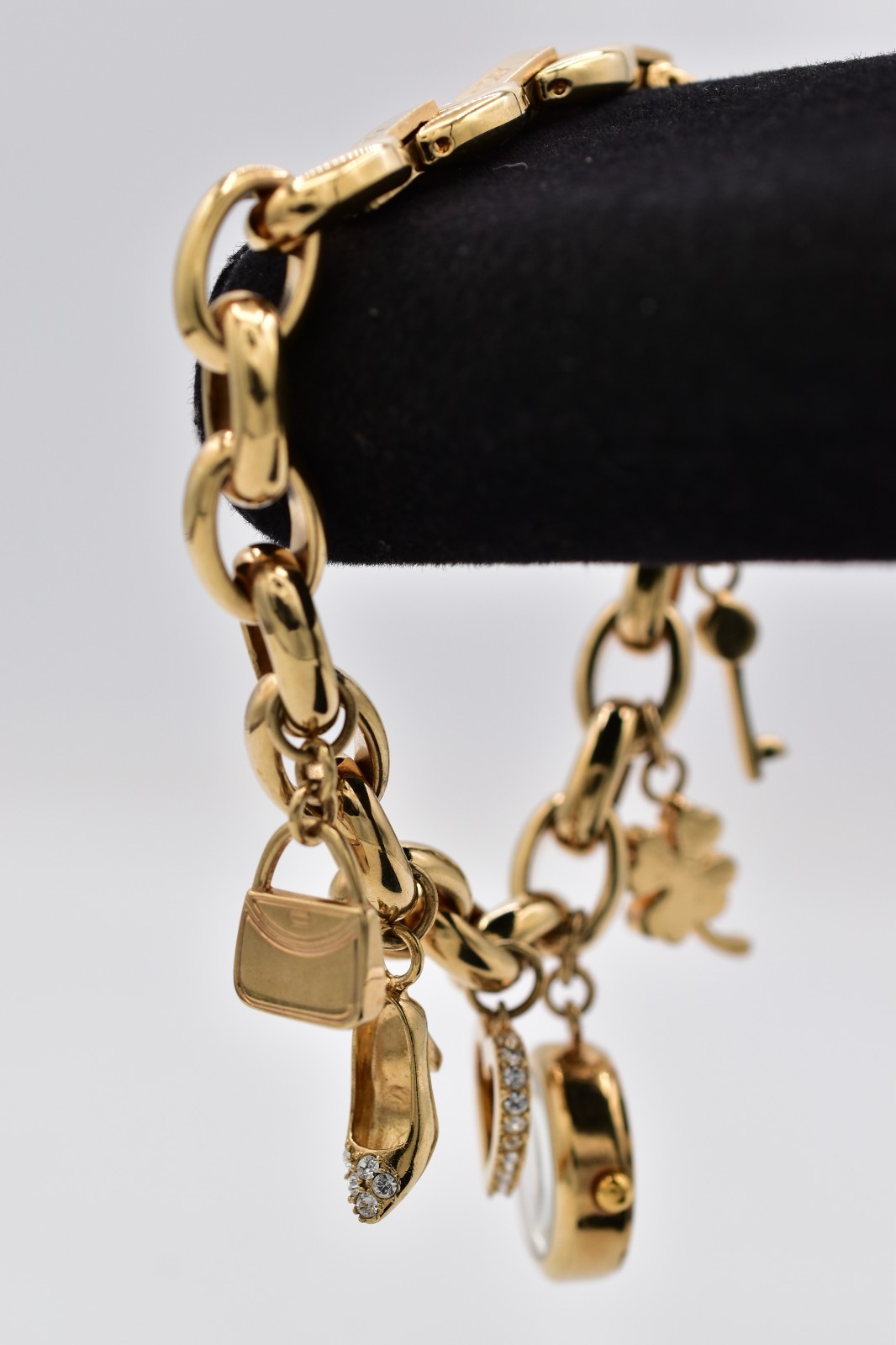 Anne Klein Gold Watch Charm Bracelet Heart Shoe Purse Clover AK Crystal BinAD