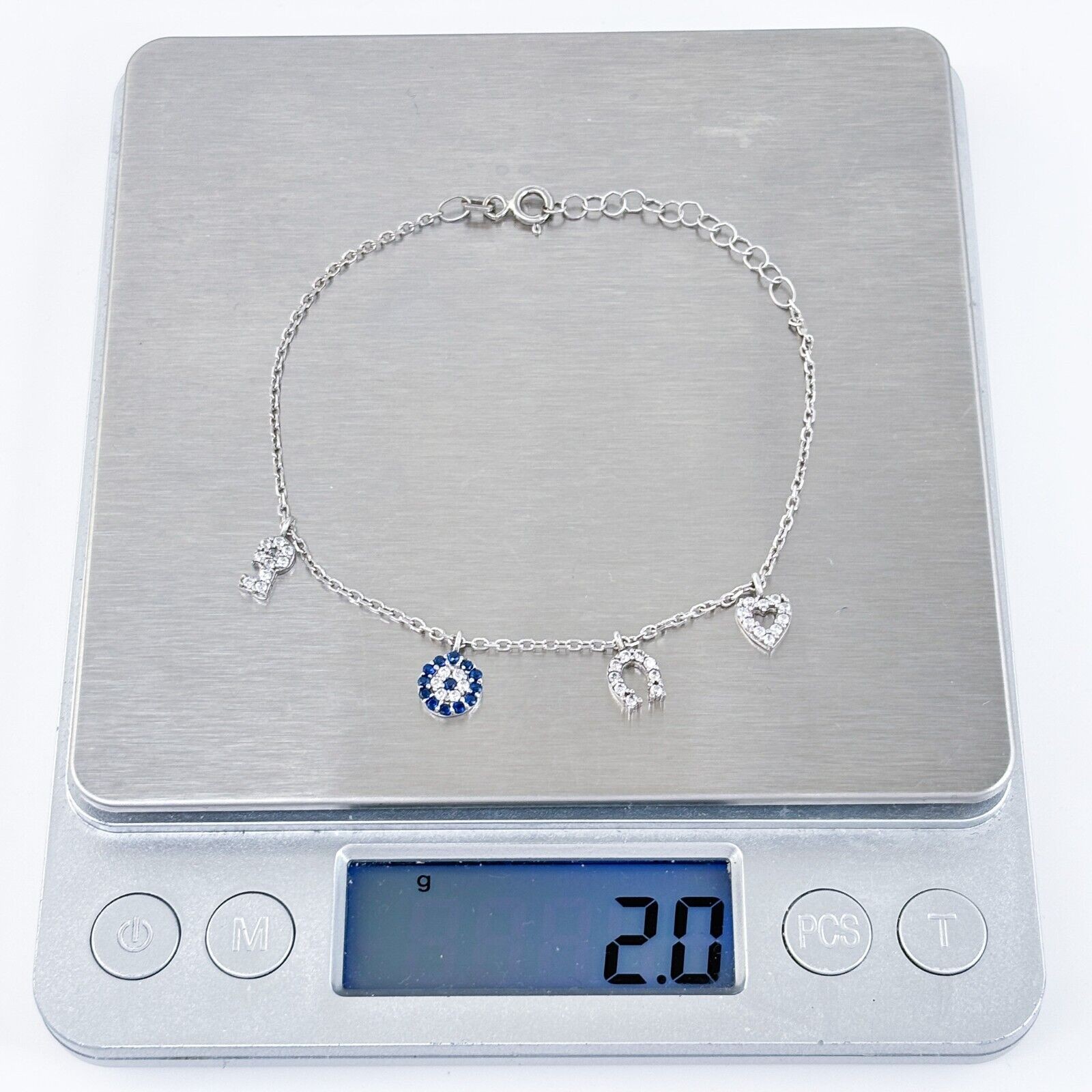 Vintage Sterling Silver 925 Iolite and Cubic Zirconia Charm Bracelet 6.5″-7.5″