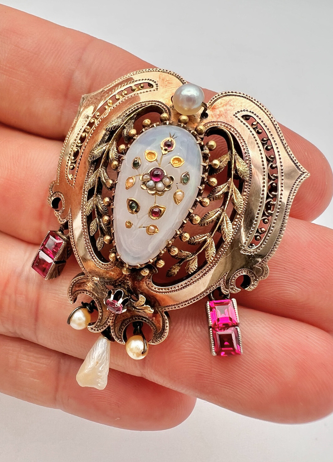 Victorian 14k Yellow Gold Rose of Sharon Opal & Ruby Emerald & Seed Pearl Brooch