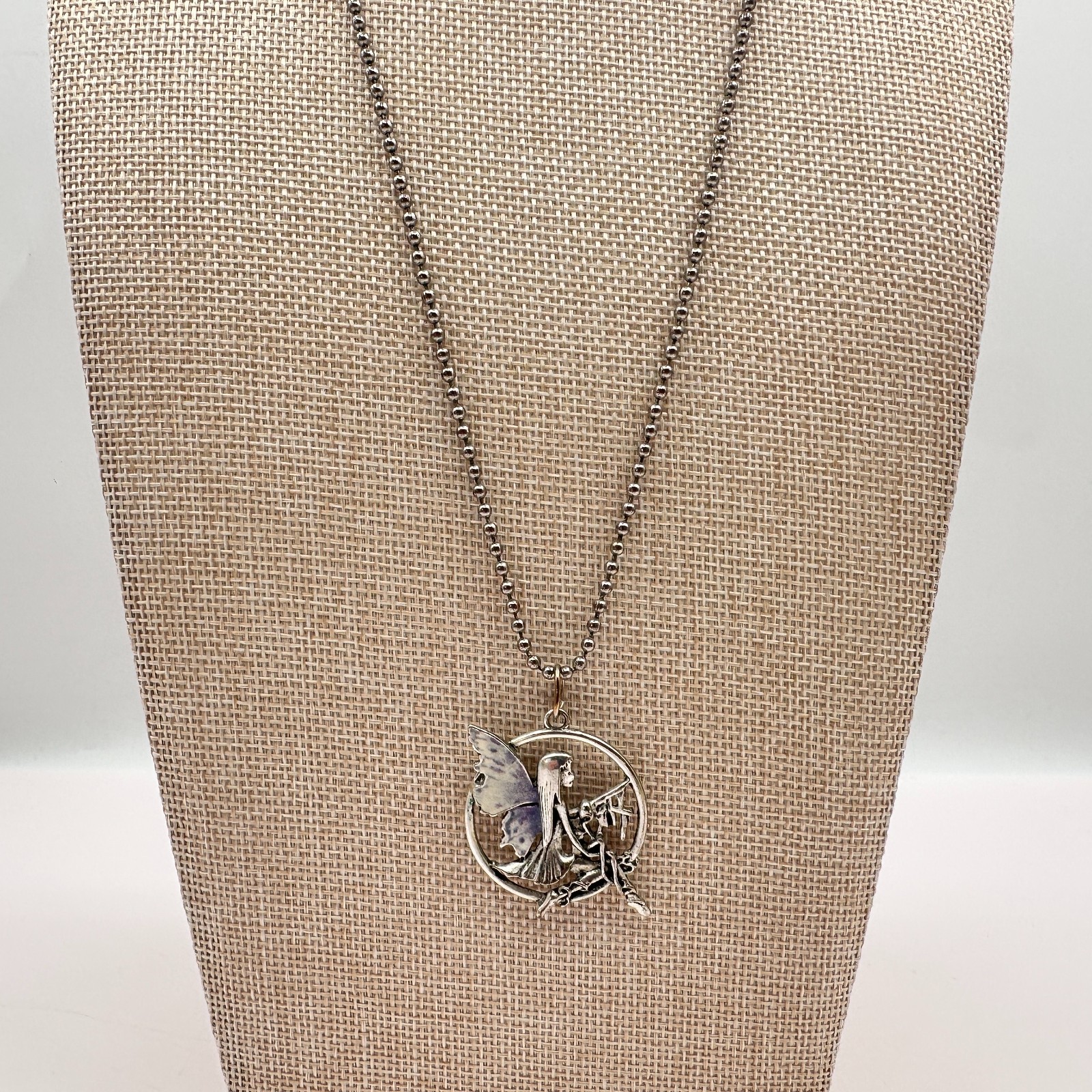 Vintage 90s Silver Tone Enamel Fairy Pendant Necklace Ball Chain Boho Jewelry