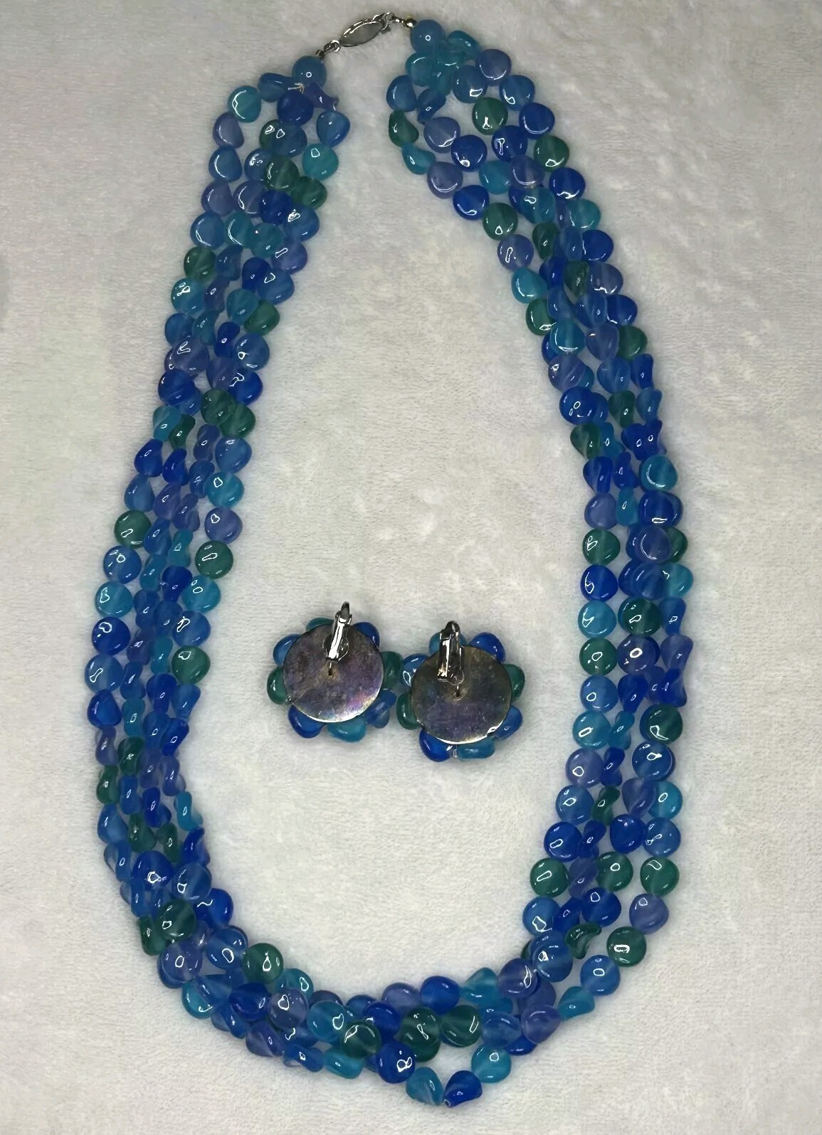 MCM Necklace And Earrings Blue And Green Clustered Lucite Clip Ons Vintage