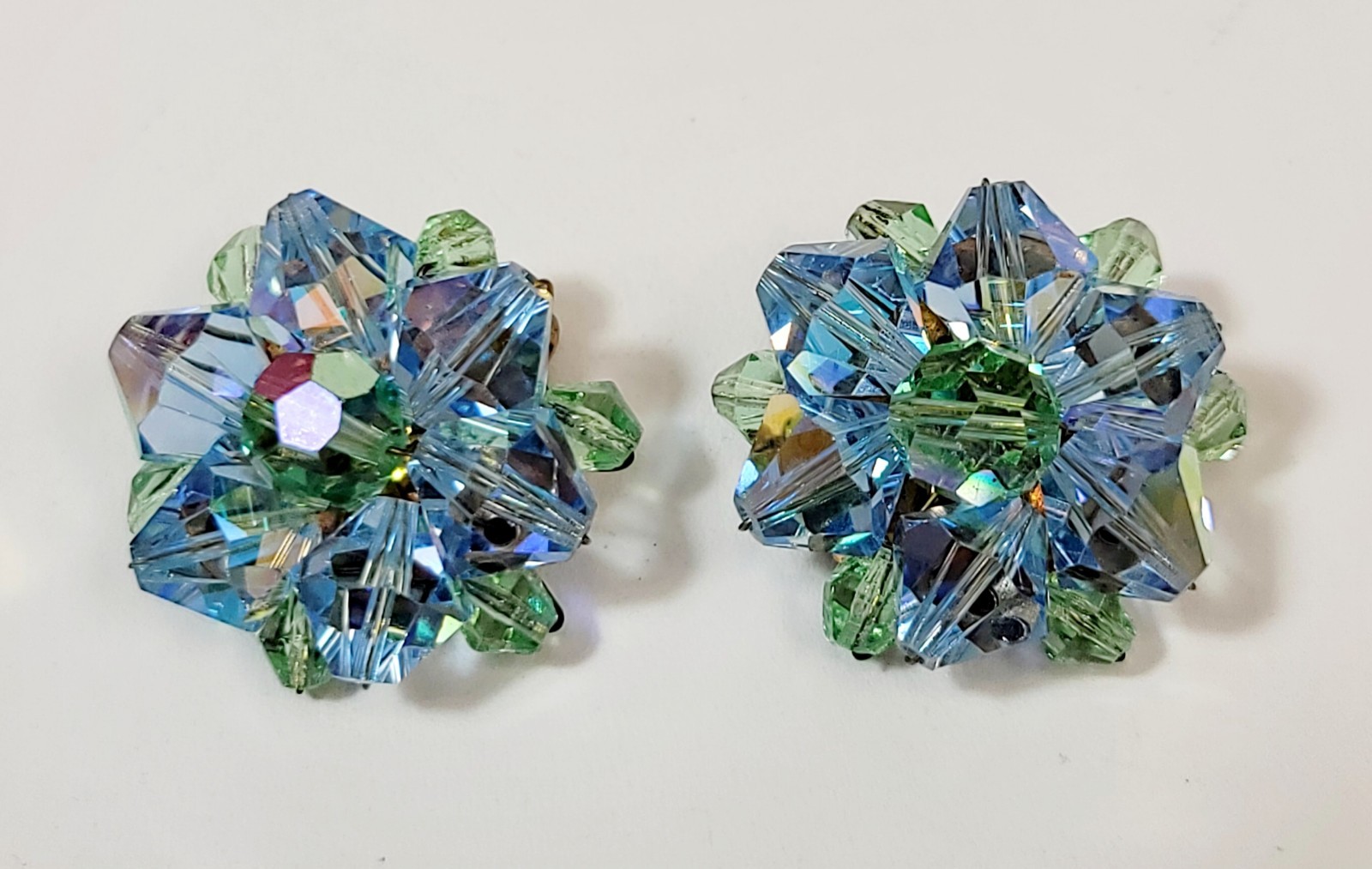 Vintage Green Blue Crystal Bicone Bead Cluster Earrings