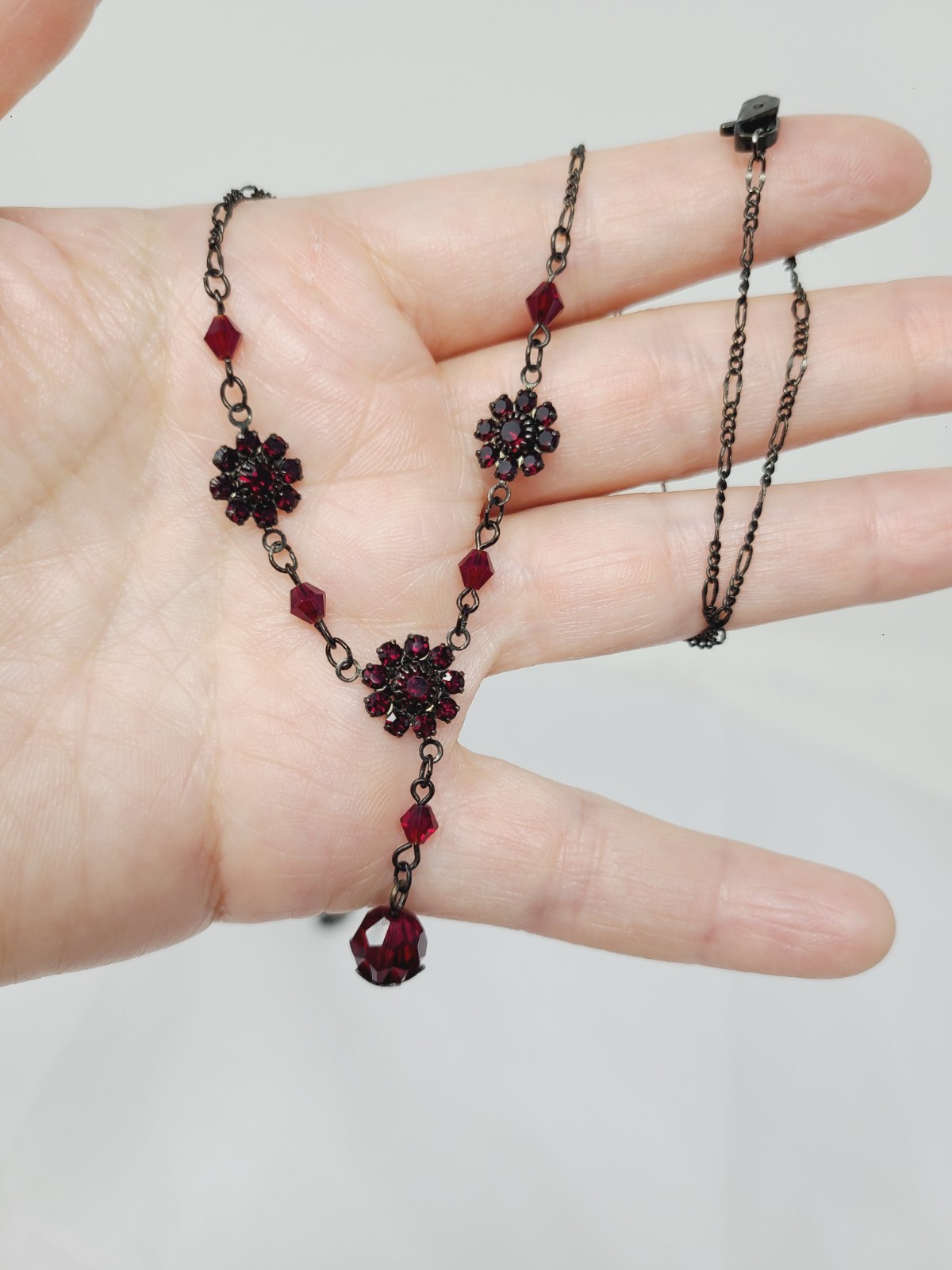 Vintage Austrian Crystal USA Necklace Earrings Set Red Garnet Crystals Black
