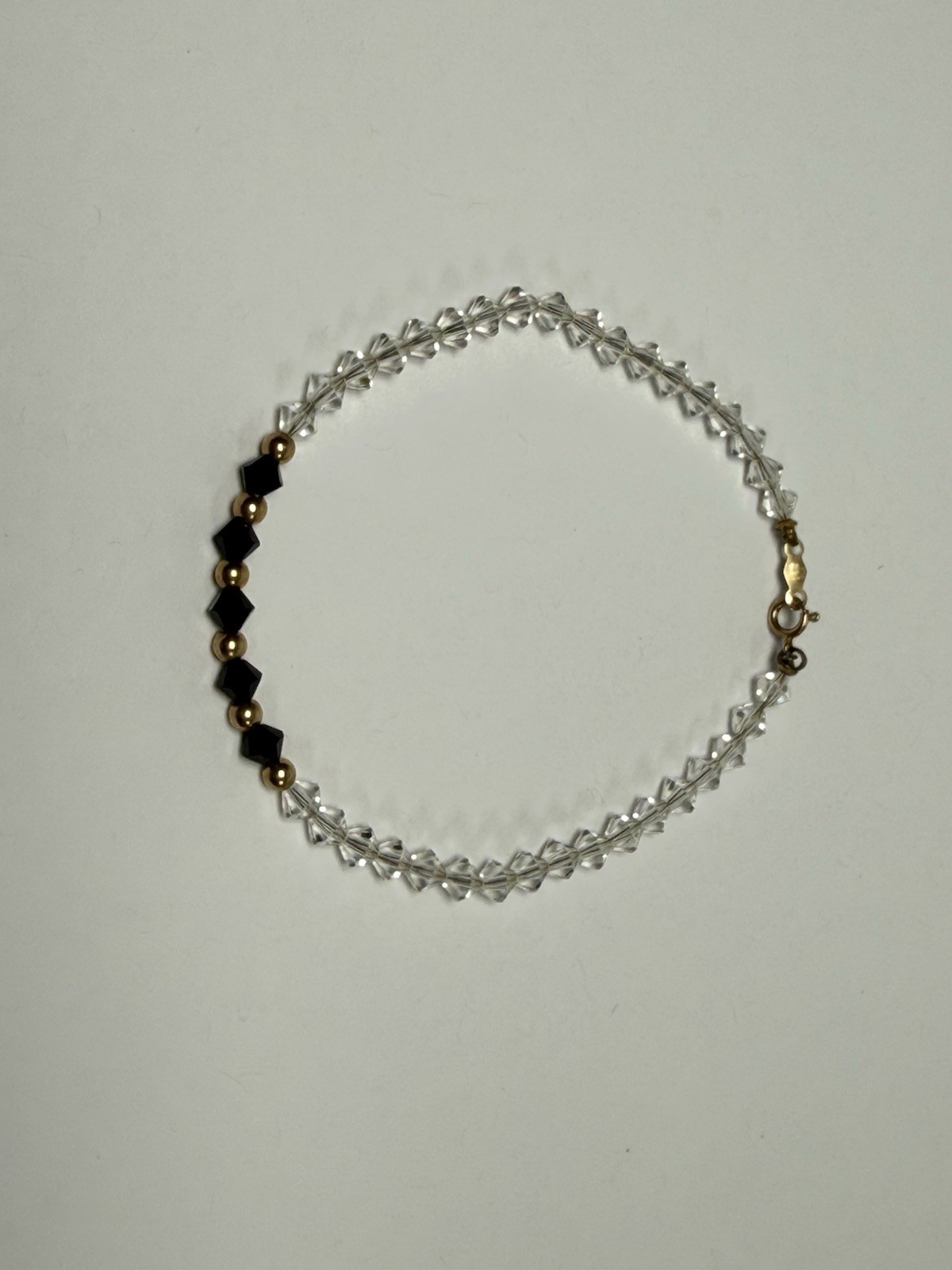 Vintage 14K Gold Bicone Black Clear Crystal Beaded 7” Bracelet
